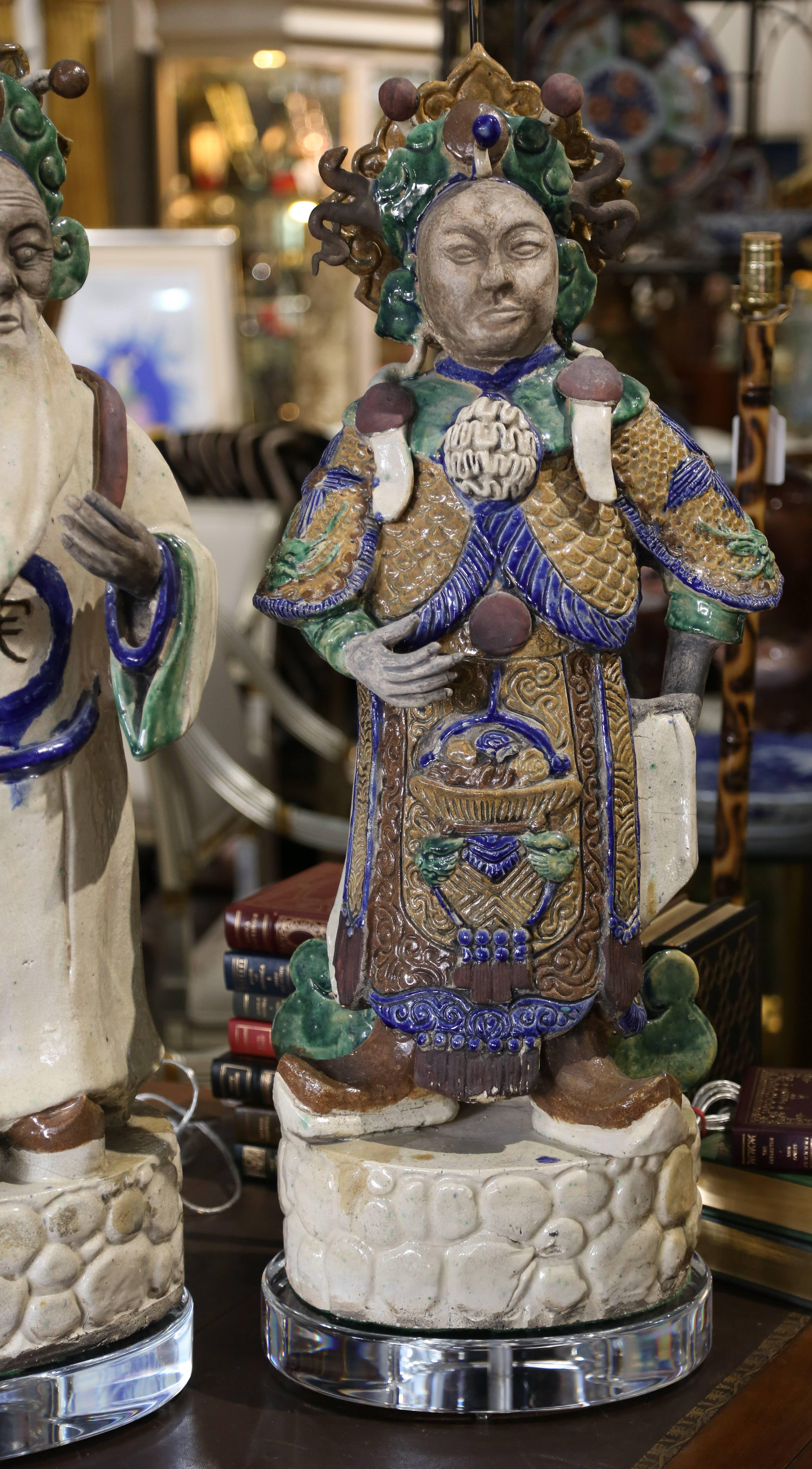 20th Century Grand Scale Pair of Tang Style Figural Lamps