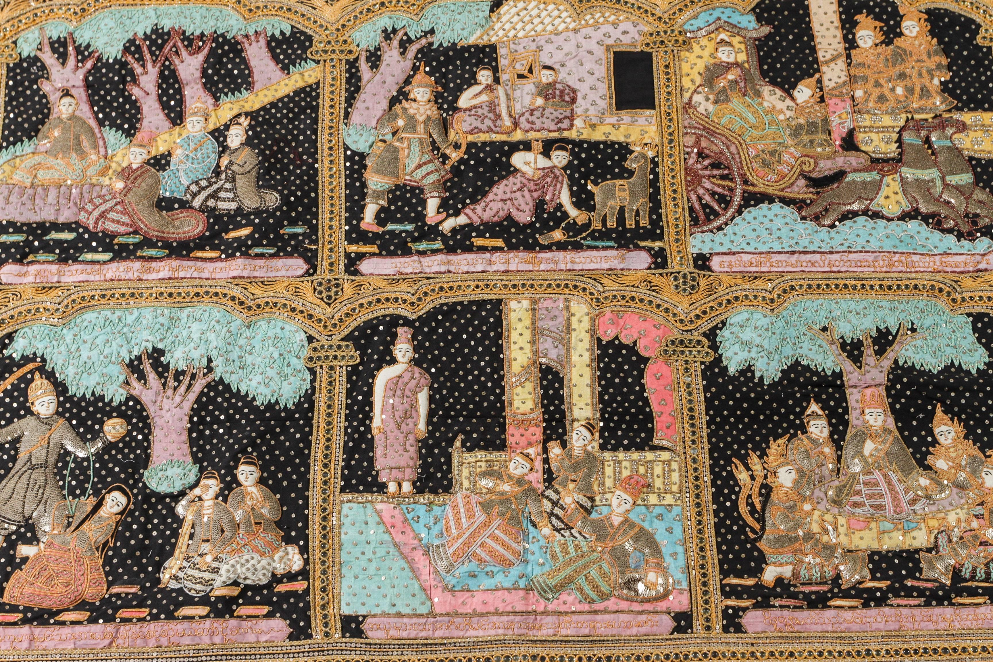 Anglo Raj Grande tapisserie asiatique vintage birmane Kalaga brodée de perles en vente