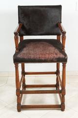 Set of Five Large Wooden Bar Stools in Black Hide Leather