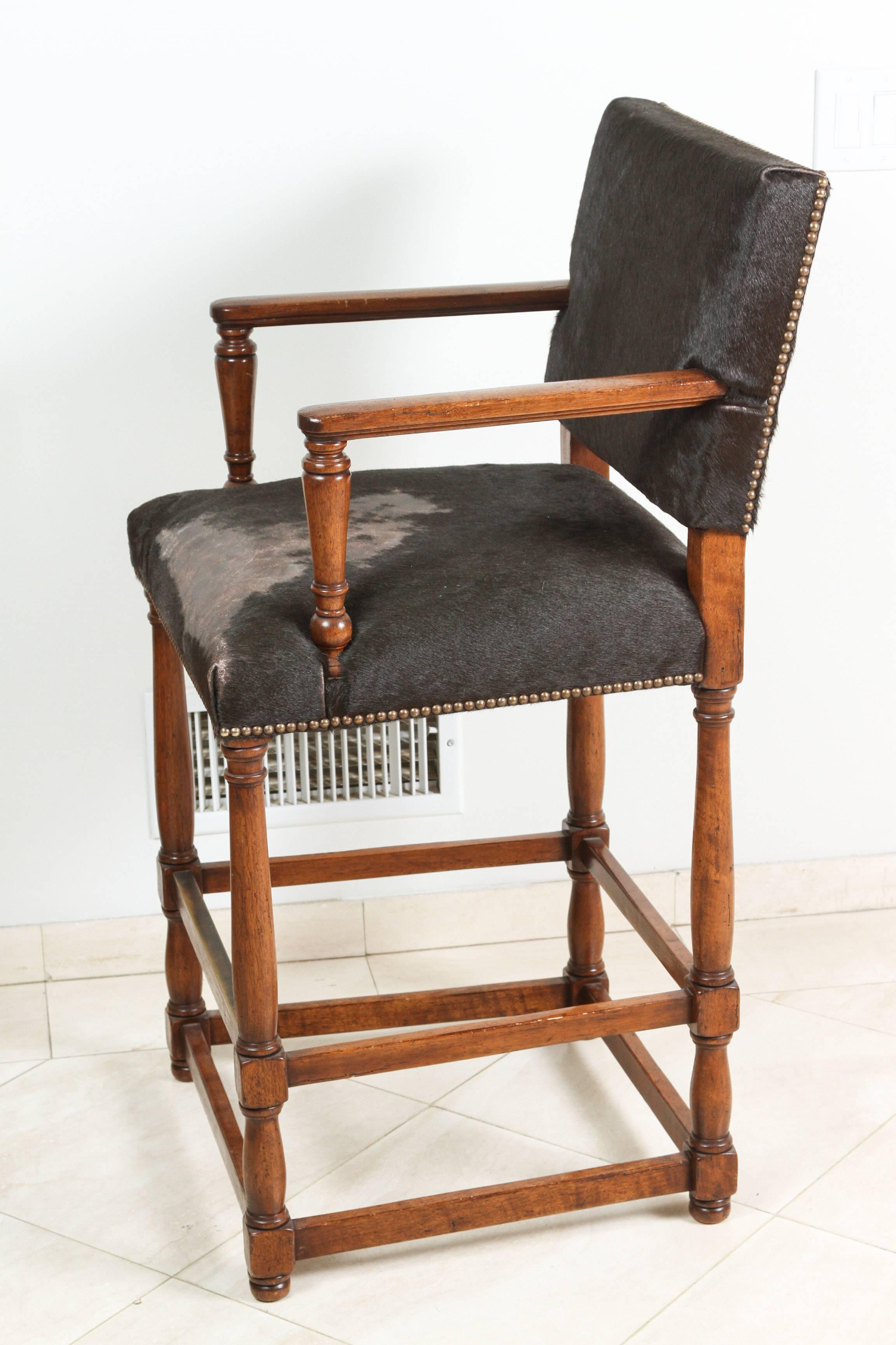 20th Century Set of Five Large Wooden Bar Stools in Black Hide Leather