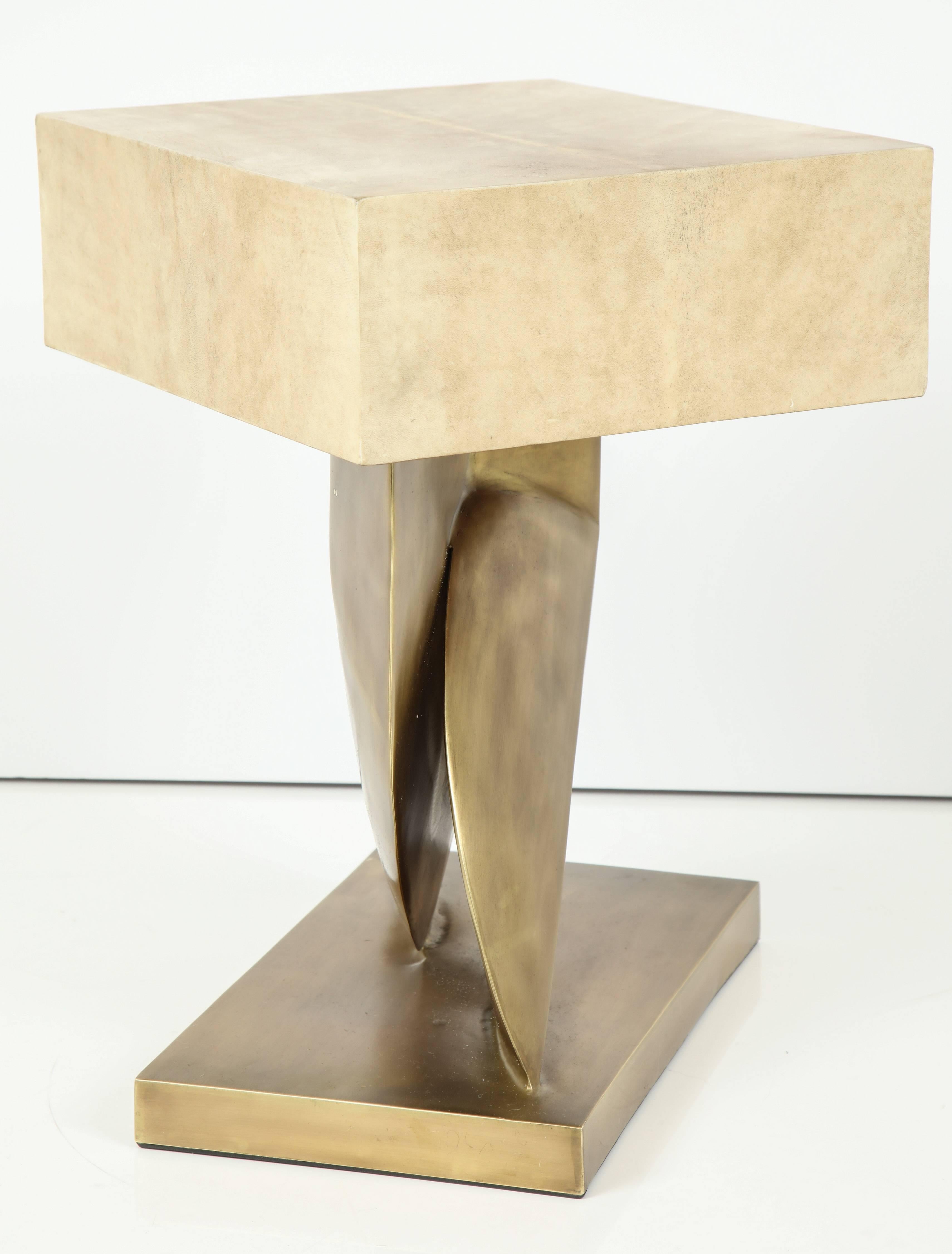 Contemporary Table, Parchment with Bronze Base, Tan Color, Side Table