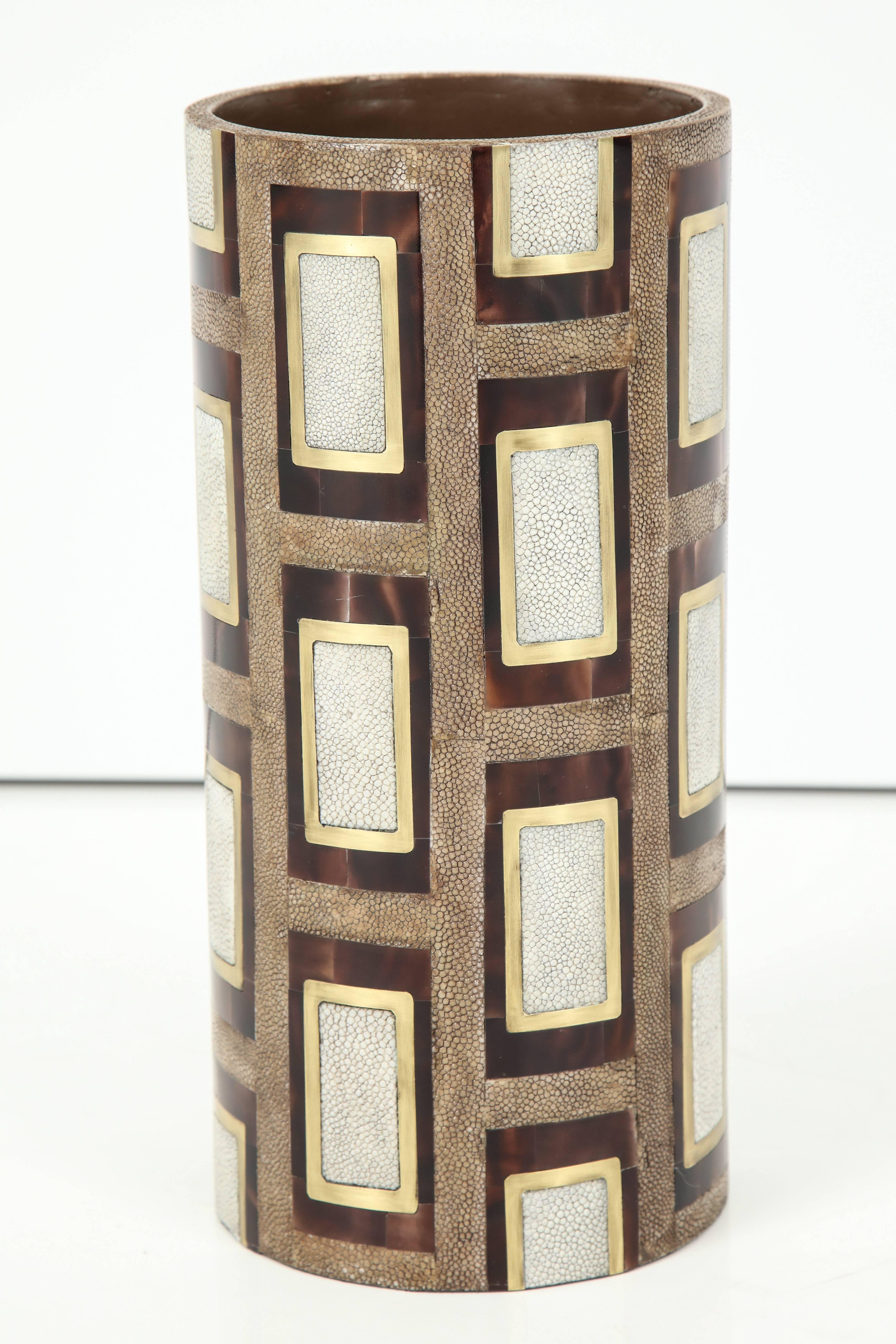 Shagreen vase with two color shagreen, cream and taupe with bronze and palm wood details. France.