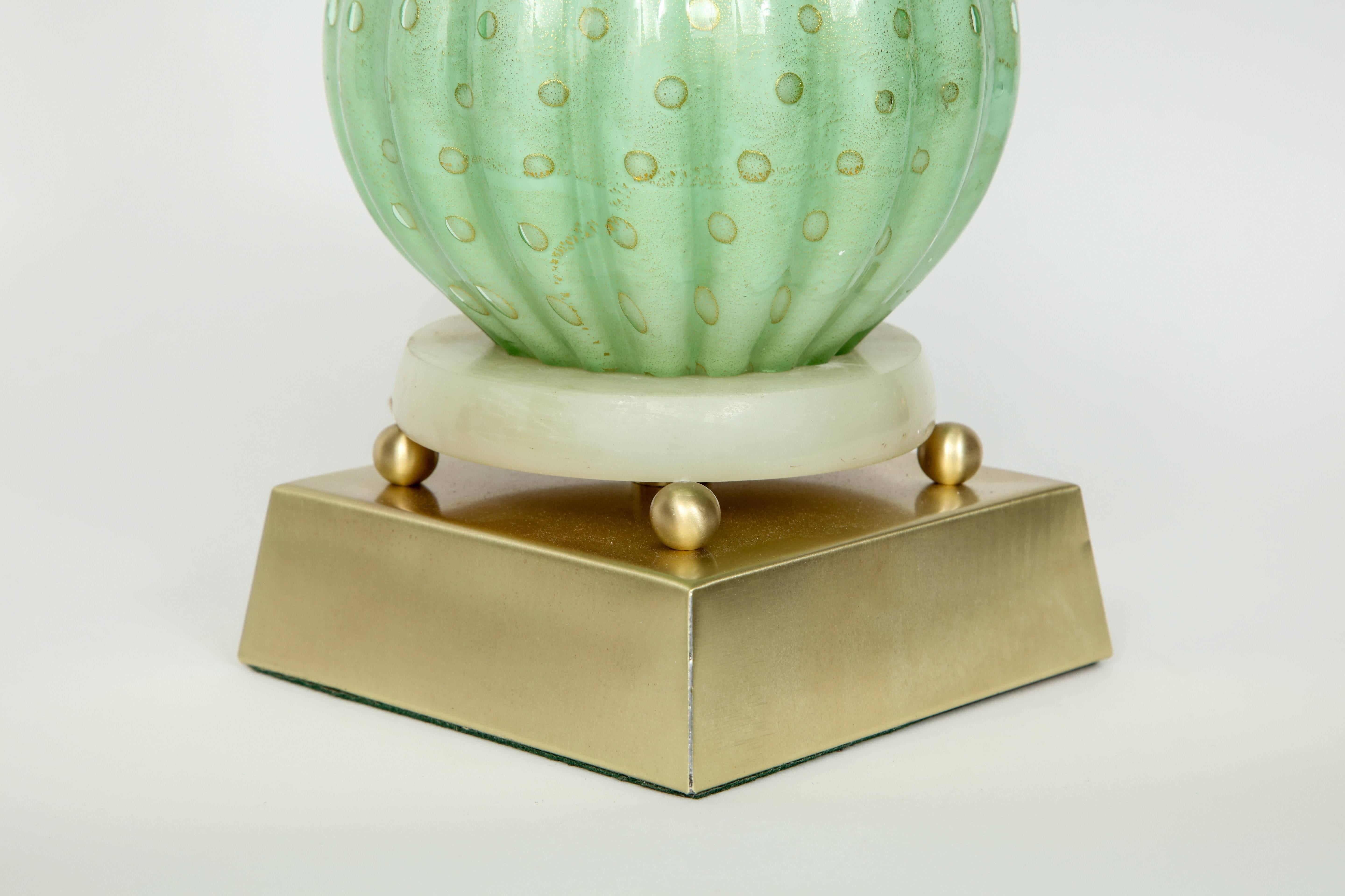 Brass Barovier Pale Green Murano Glass Lamps