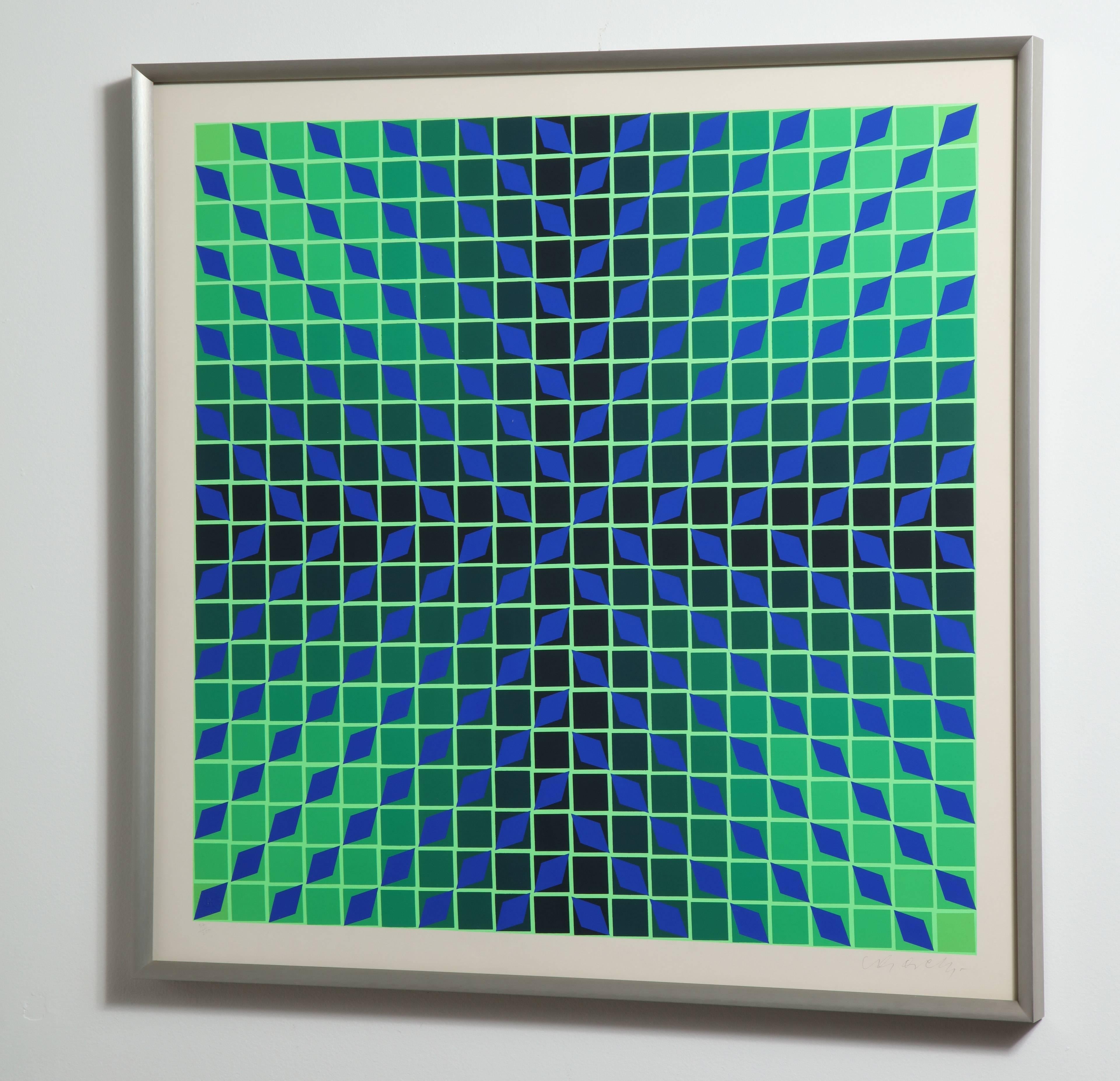 Op Art serigraph from Hungarian/French artist Victor Vasarely, signed in lower corner and numbered 32/250. The original work is professionally framed in a matte brushed aluminum frame.