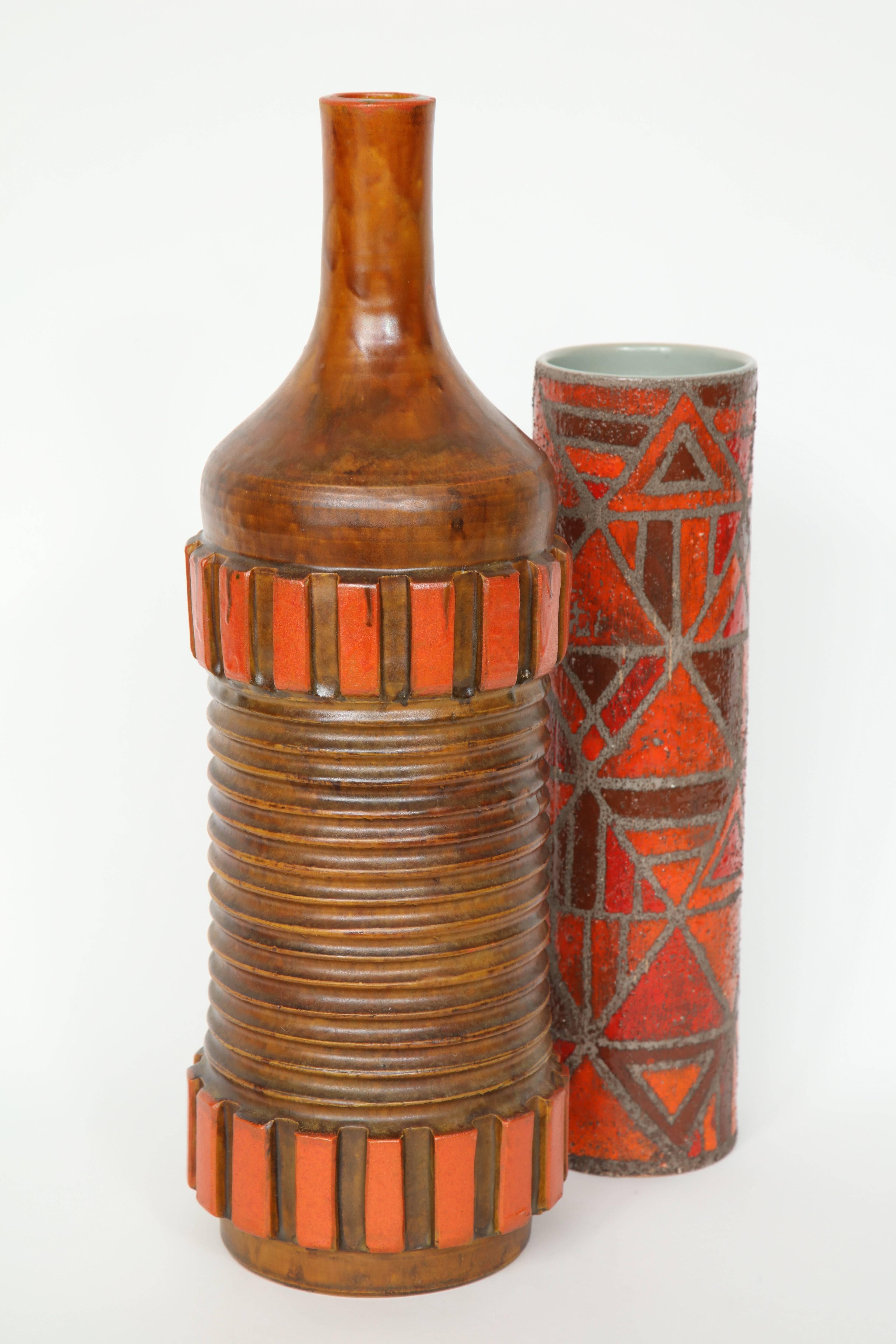 Mid-Century Modern Alvino Bagni Orange, Brown Ceramic Vase