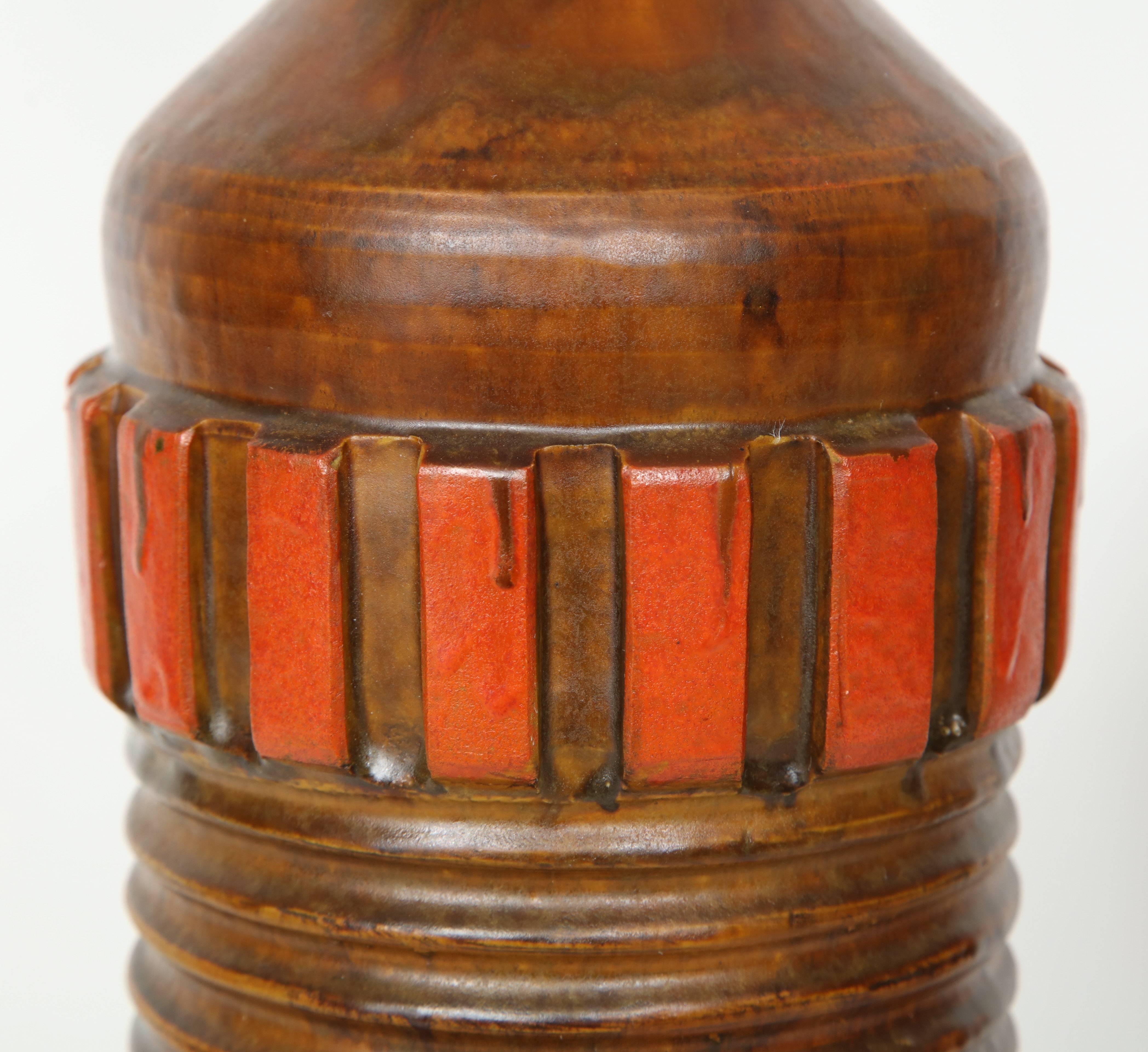 20th Century Alvino Bagni Orange, Brown Ceramic Vase