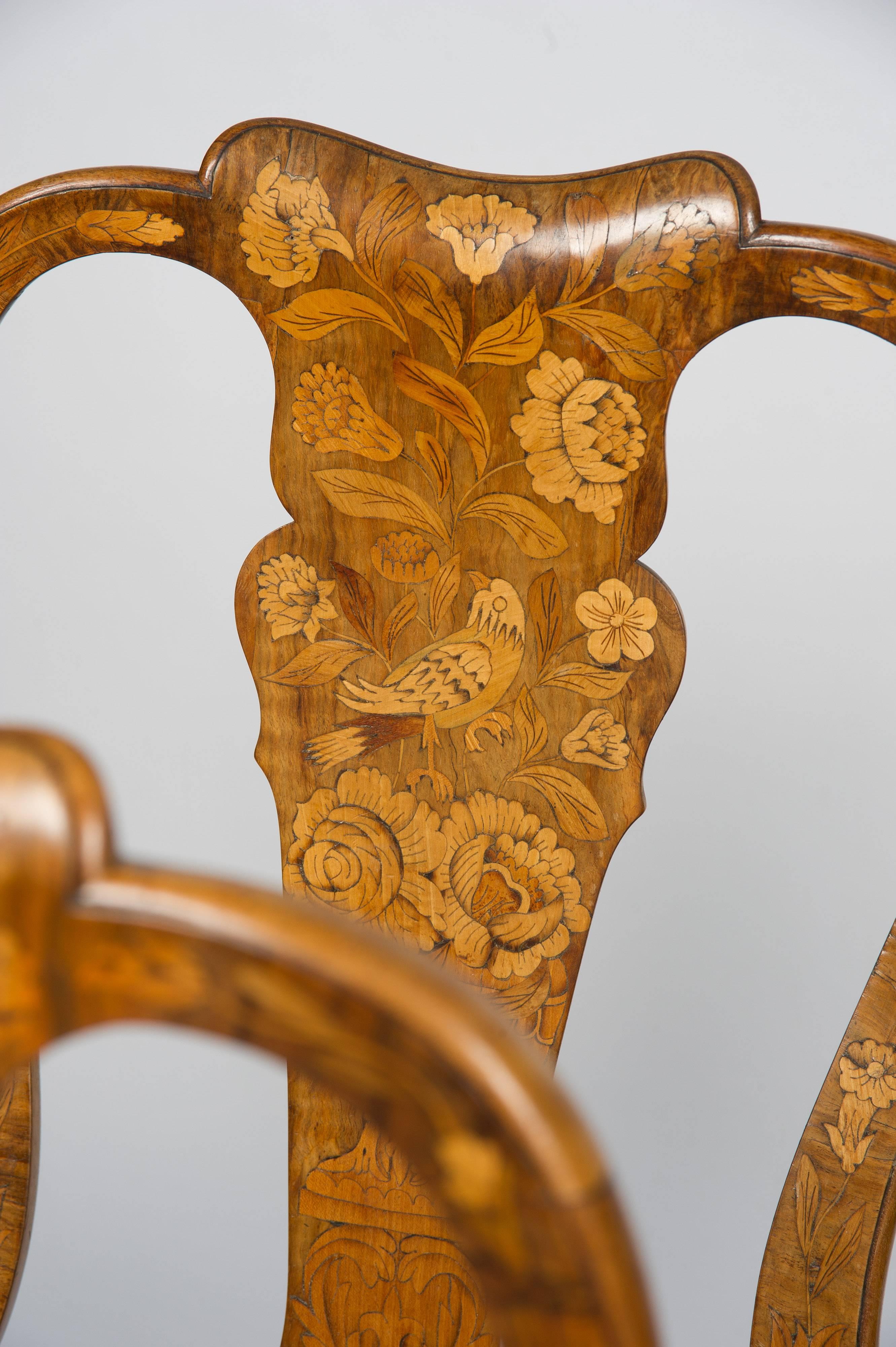 18th Century and Earlier Fine Set of Four 18th Century Dutch Marquetry Side Chairs