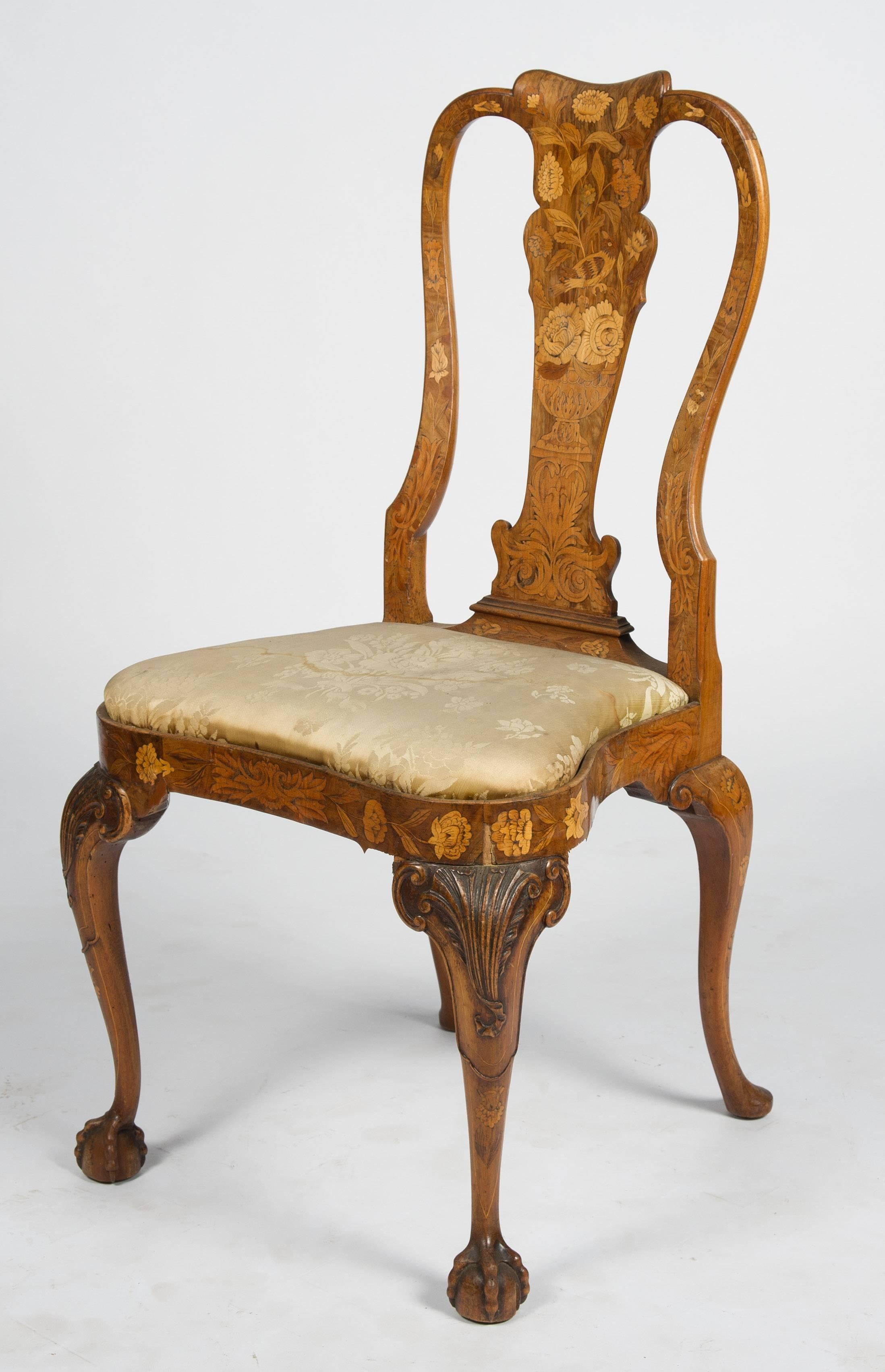 Walnut Fine Set of Four 18th Century Dutch Marquetry Side Chairs