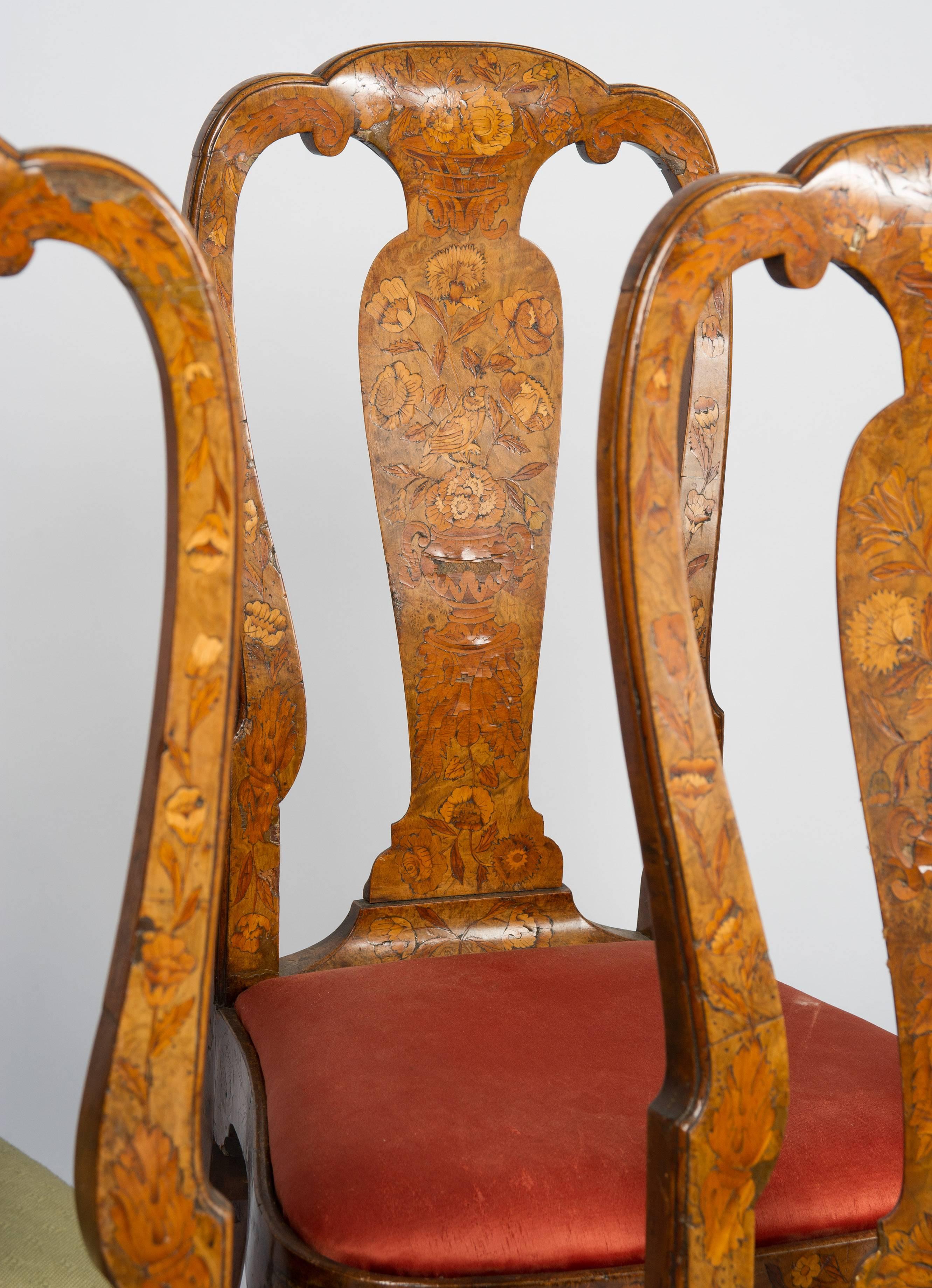 Néerlandais Ensemble de six chaises en marqueterie néerlandaise du 18ème siècle en vente