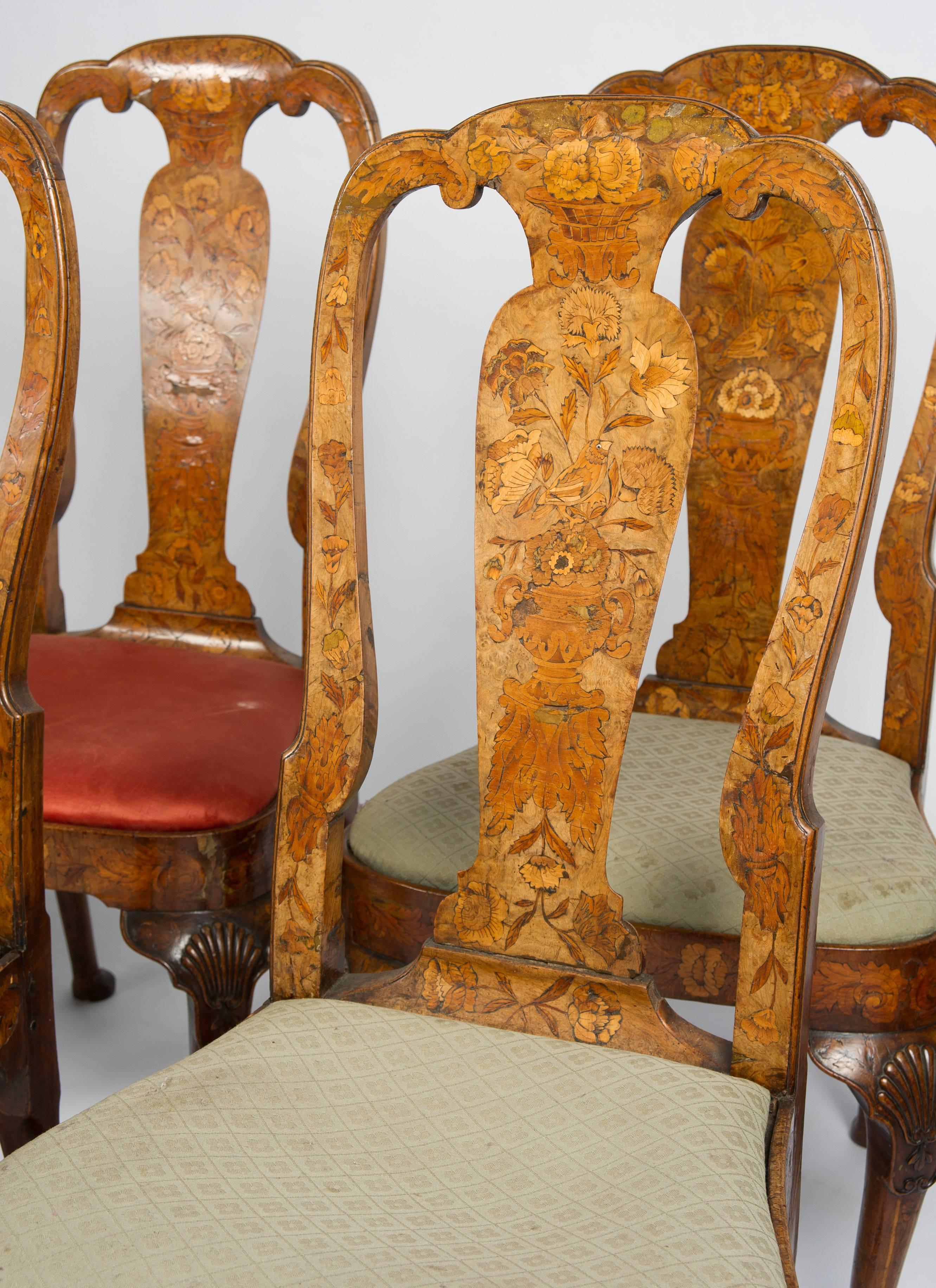 18th Century and Earlier Set of Six 18th Century Dutch Marquetry Chairs For Sale