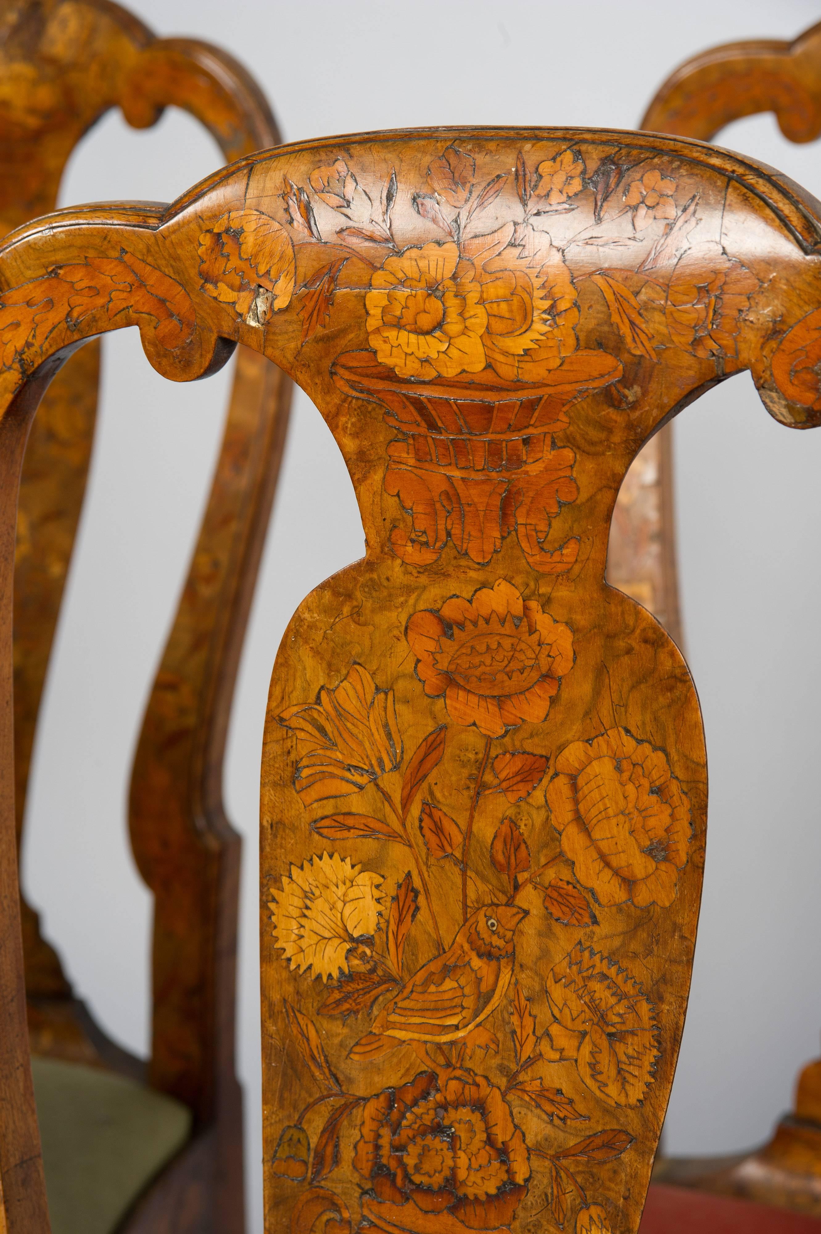 Walnut Set of Six 18th Century Dutch Marquetry Chairs For Sale