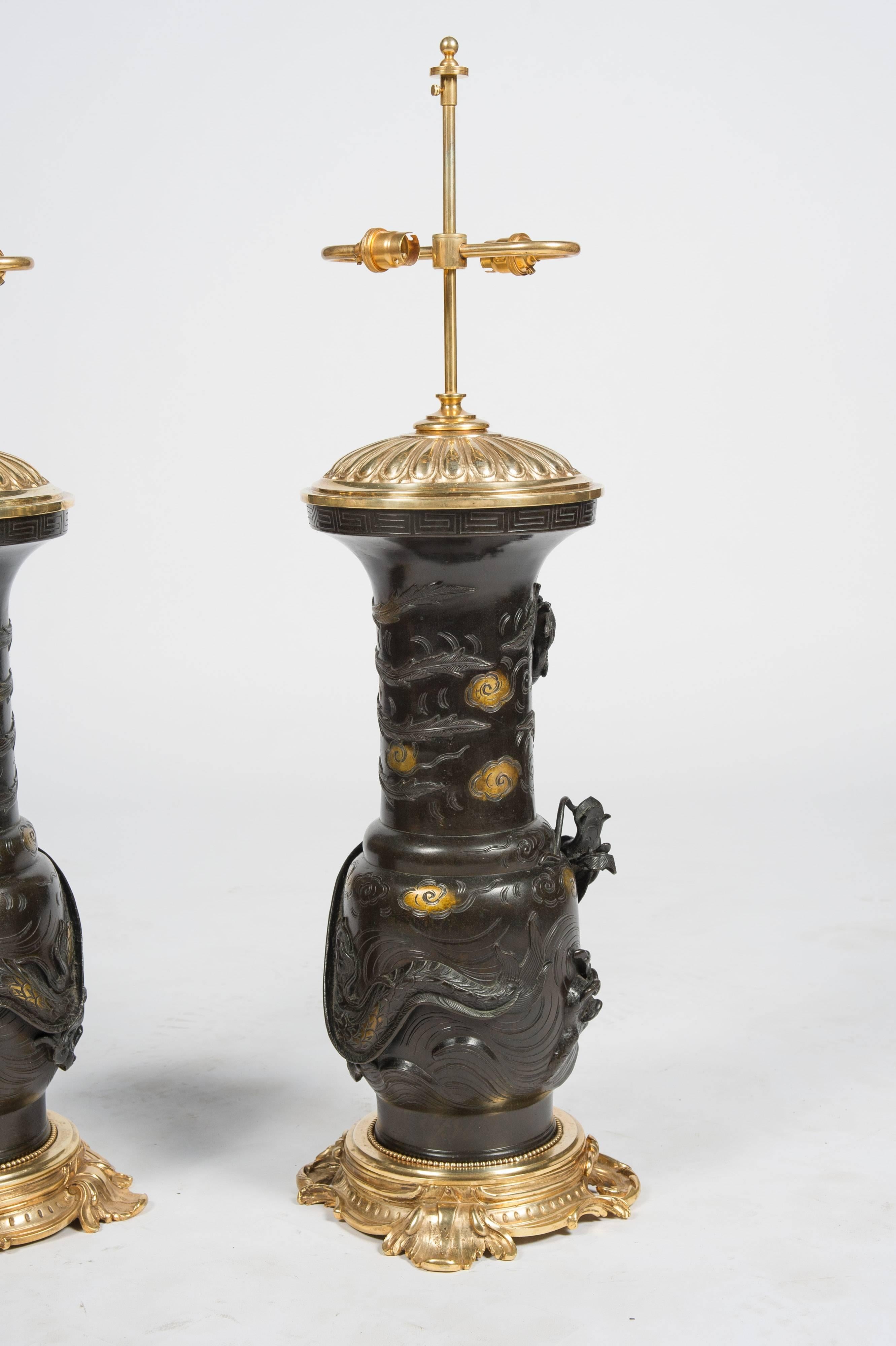 Large Pair of Japanese 19th Century Bronze Vases / Lamps In Good Condition For Sale In Brighton, Sussex