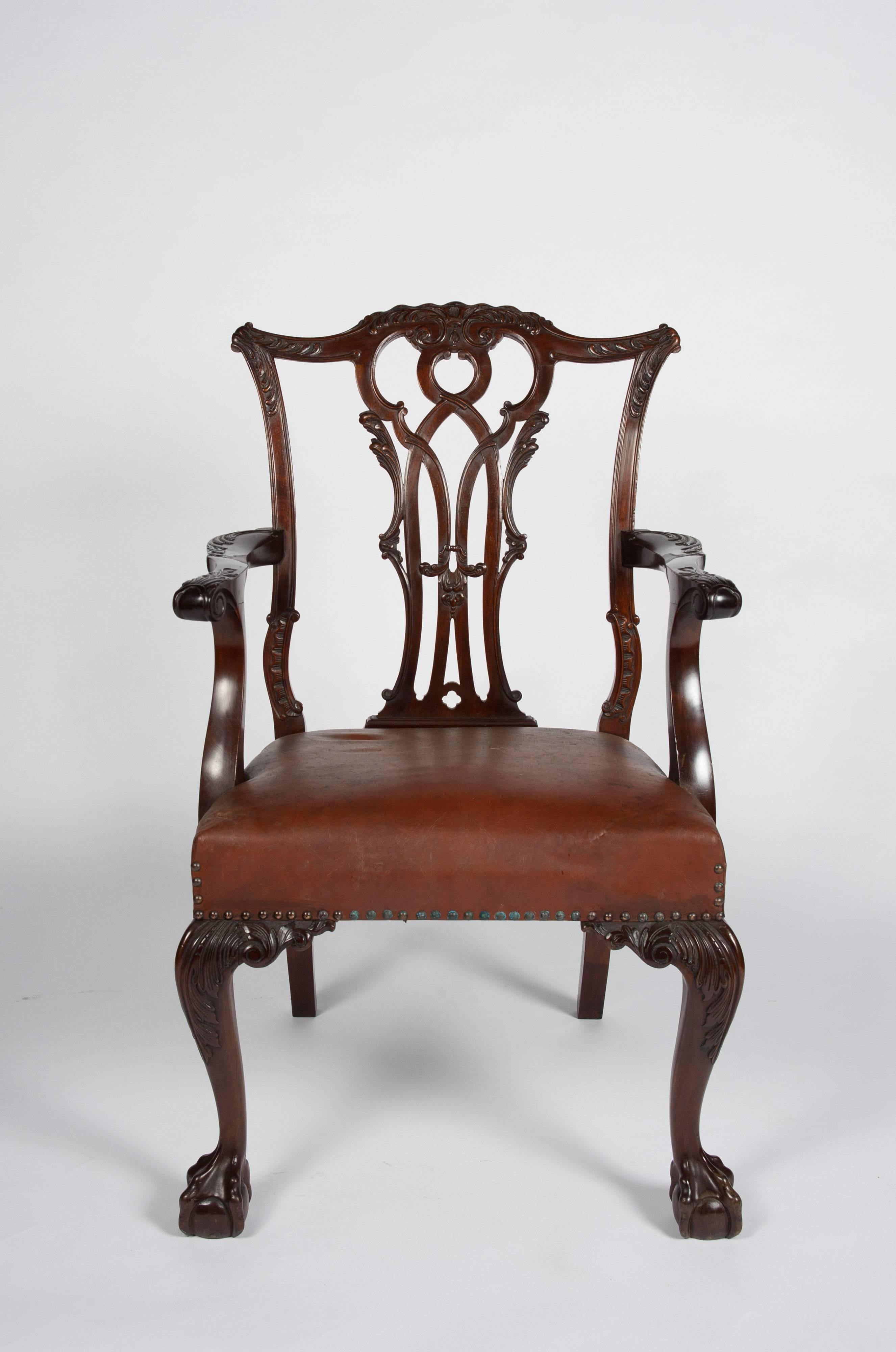 A very good quality set of eight 19th century mahogany Chippendale style dining chairs (two arms and six singles). The backs having classical C-scroll and foliate carved decoration. Stuff-over leather upholstered seats each with brass stud edging.