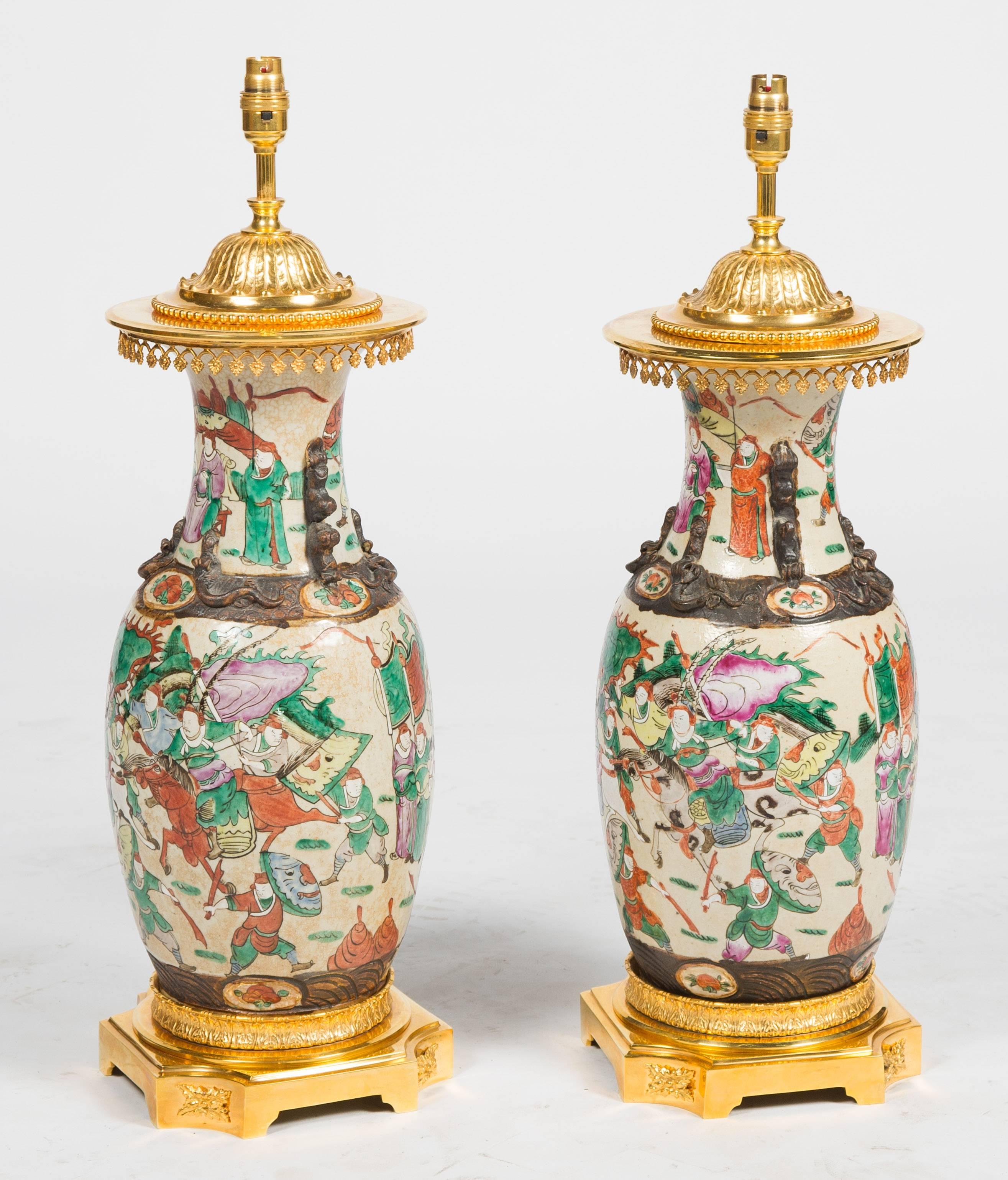 Gilt Pair of 19th Century Chinese Crackleware Vases or Lamps