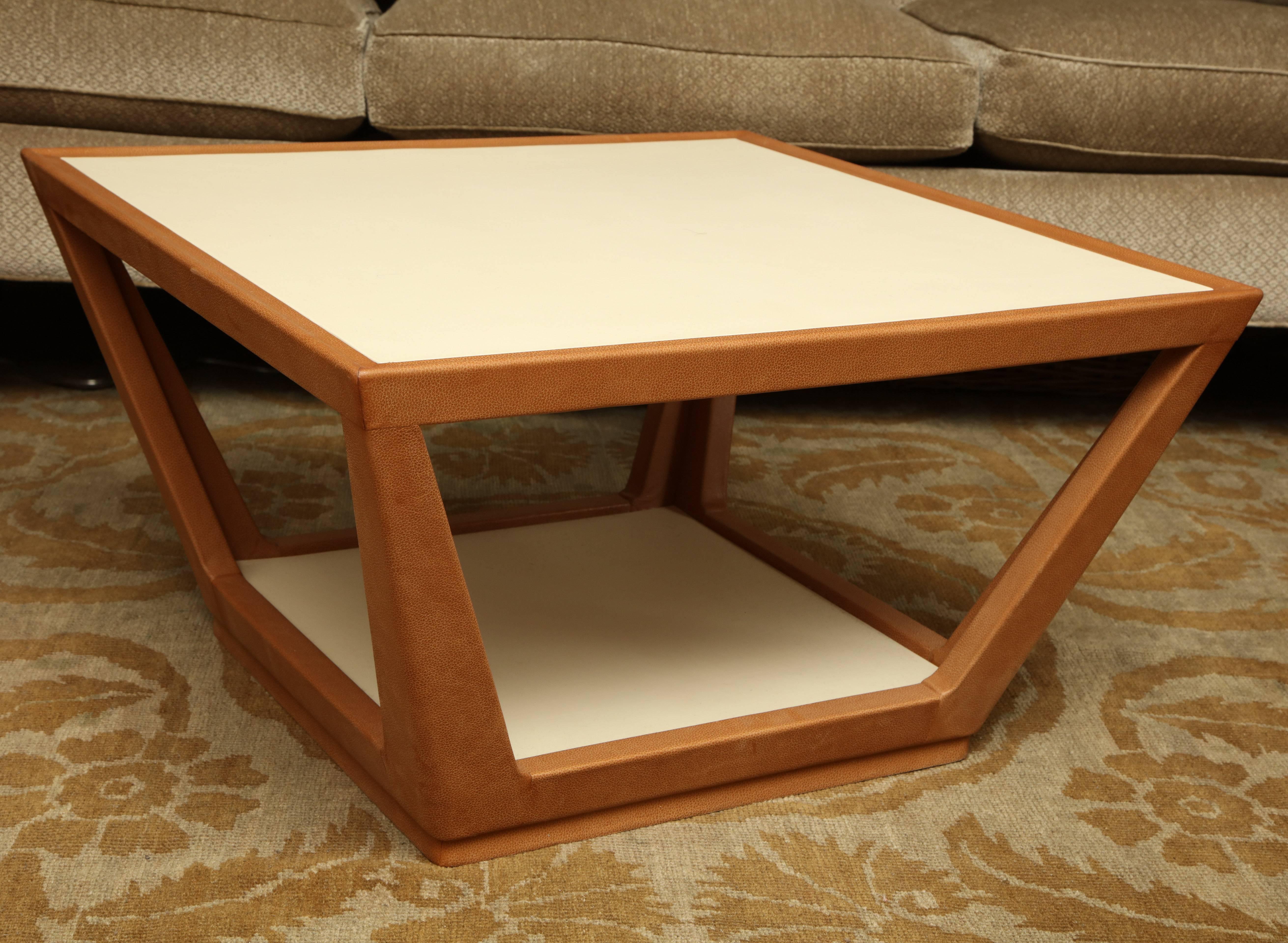 Edward Wormley for Drexel square coffee table fully clad in ochre and ivory leather.