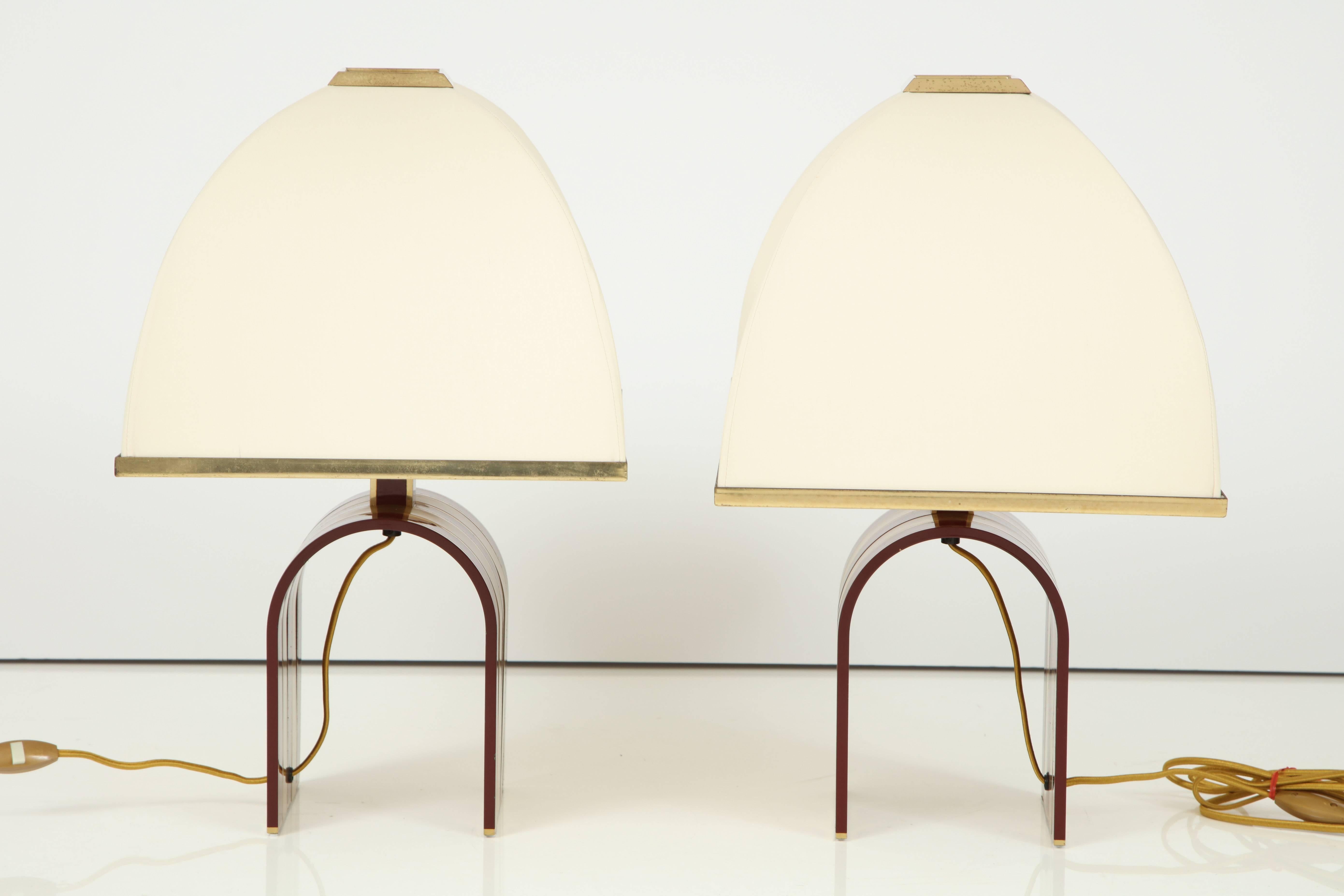 Mid-Century Modern Pair of Italian Red and Brass Lamps Attributed to Romeo Rega 1