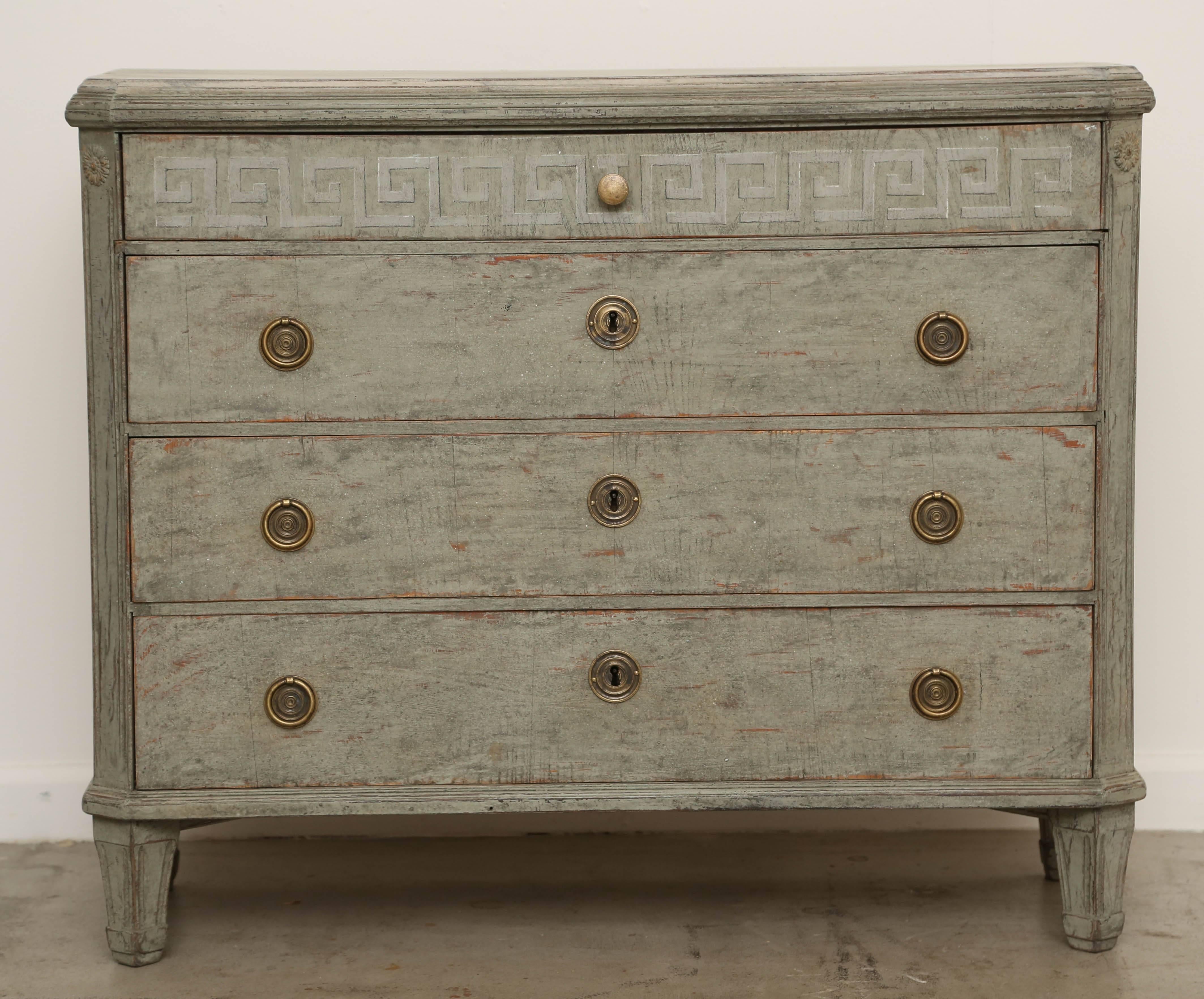 Antique Swedish Gustavian painted chest with faux finishes, early 19th century
Top is painted in faux gray-green marble finish and carved border,
four drawers, the top drawer has elegant Greek Key faux painted design and brass pull ,three lower