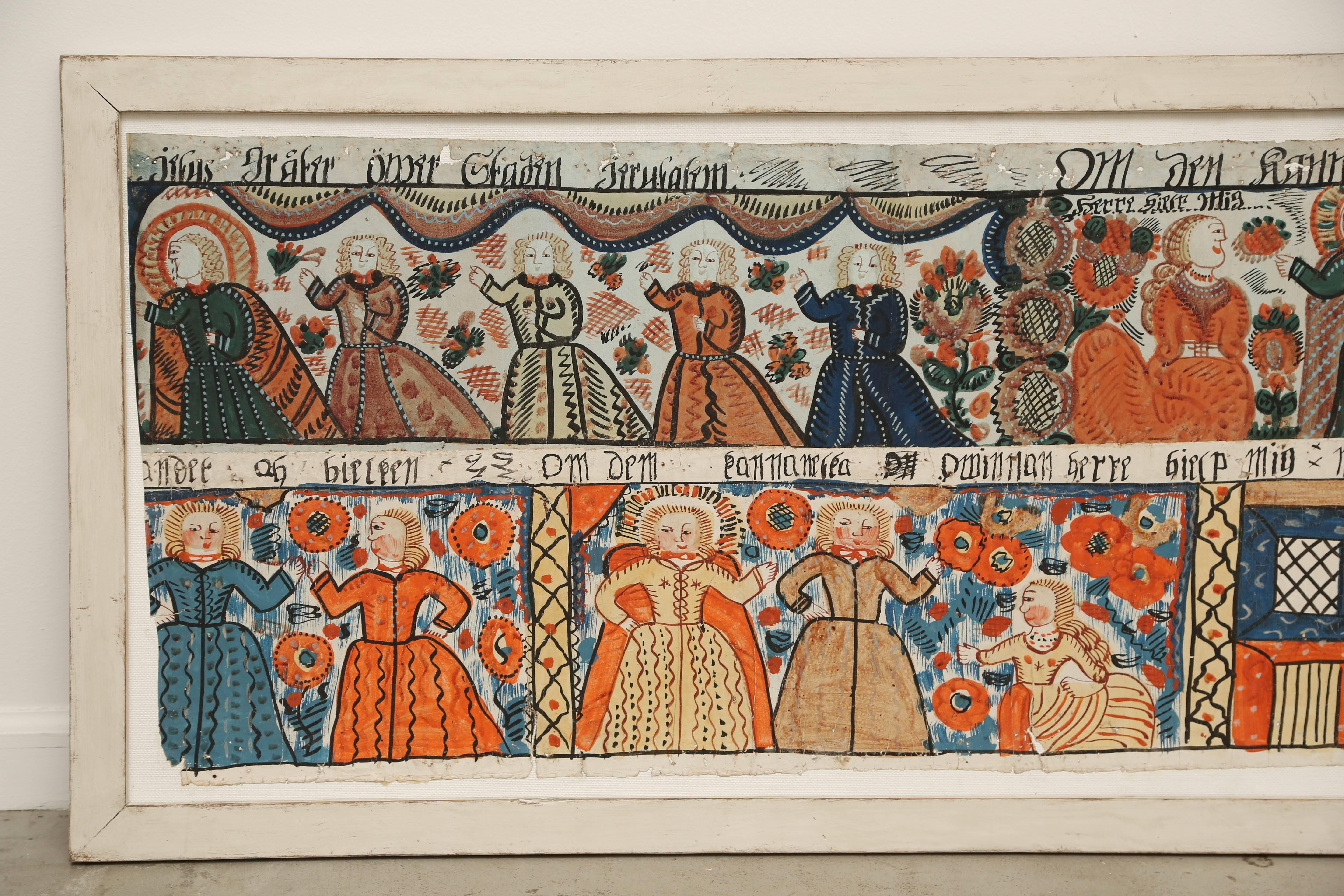 Wonderfully colorful scene of female figures dressed in full length gowns and the males in cloaks. They are dancing and celebrating.
From Småland closed to Vaxjø, Sweden.
The panel easily adds color to any space and would also make an interesting