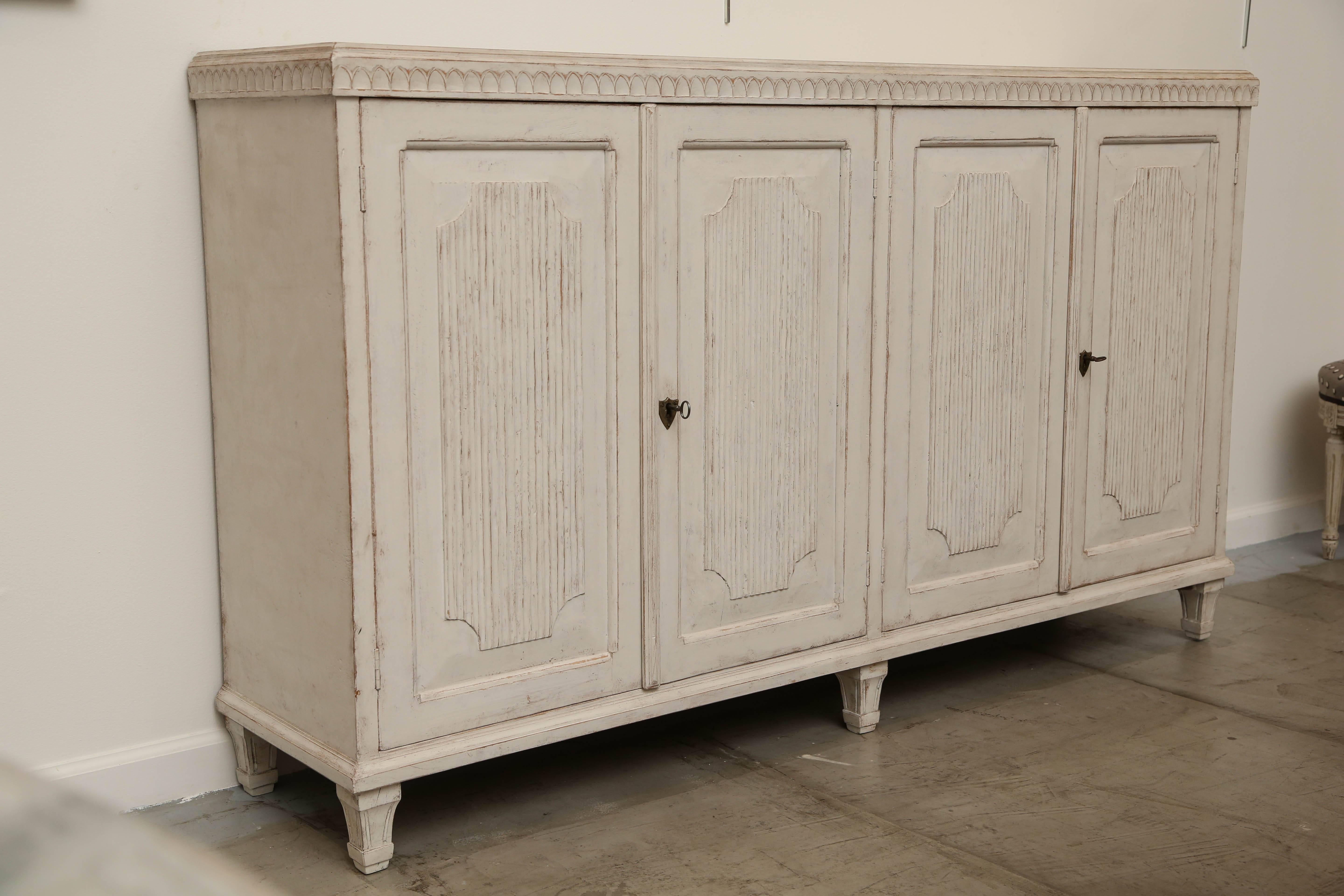 19th Century Antique Swedish Gustavian Painted Sideboard with Four Raised Panel Doors