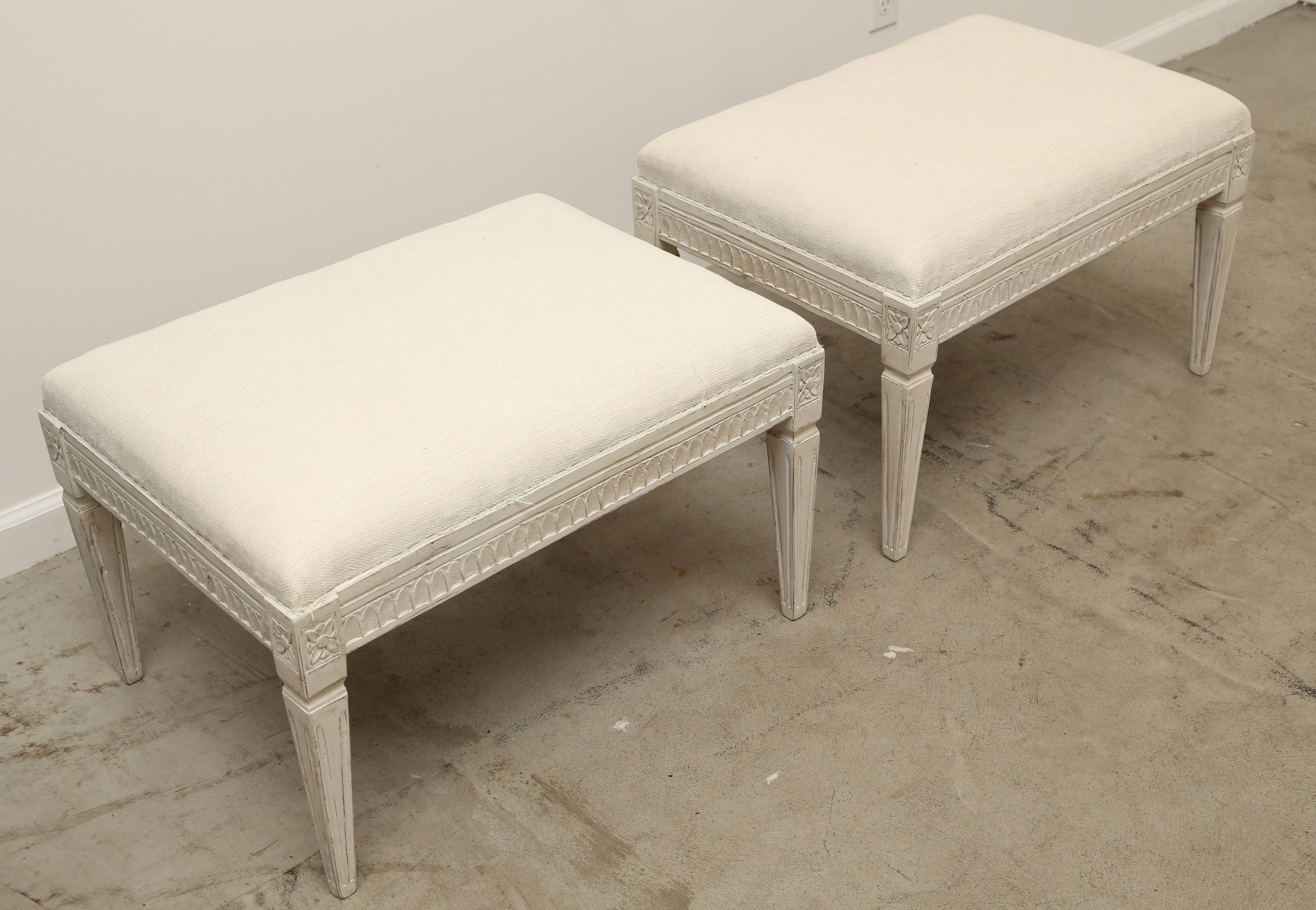 Upholstery Pair of Antique Swedish Gustavian Style Painted Benches, Late 19th Century