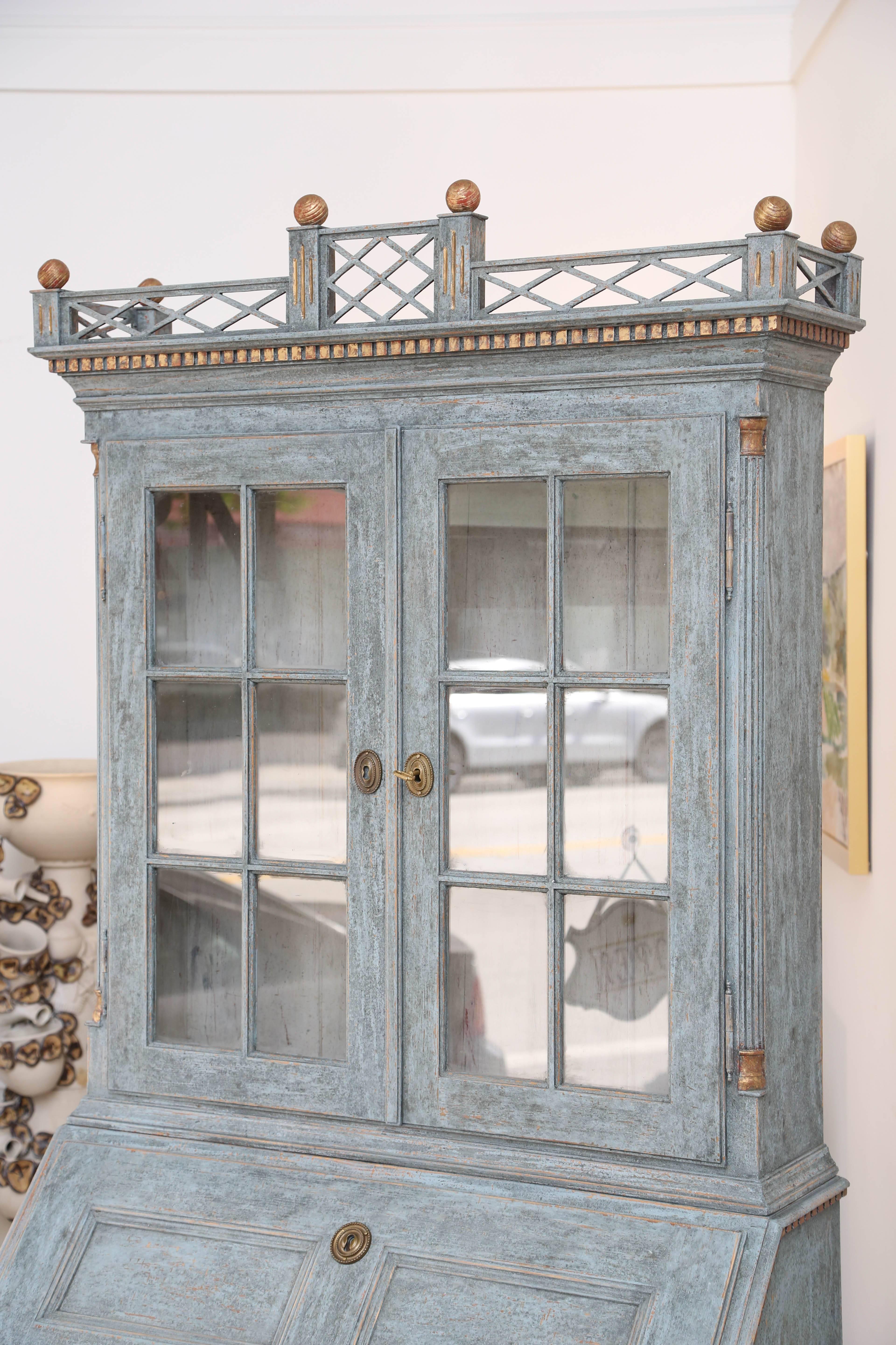 Wood Antique Swedish Gustavian Style Painted Secretary-Bookcase, Mid-19th Century