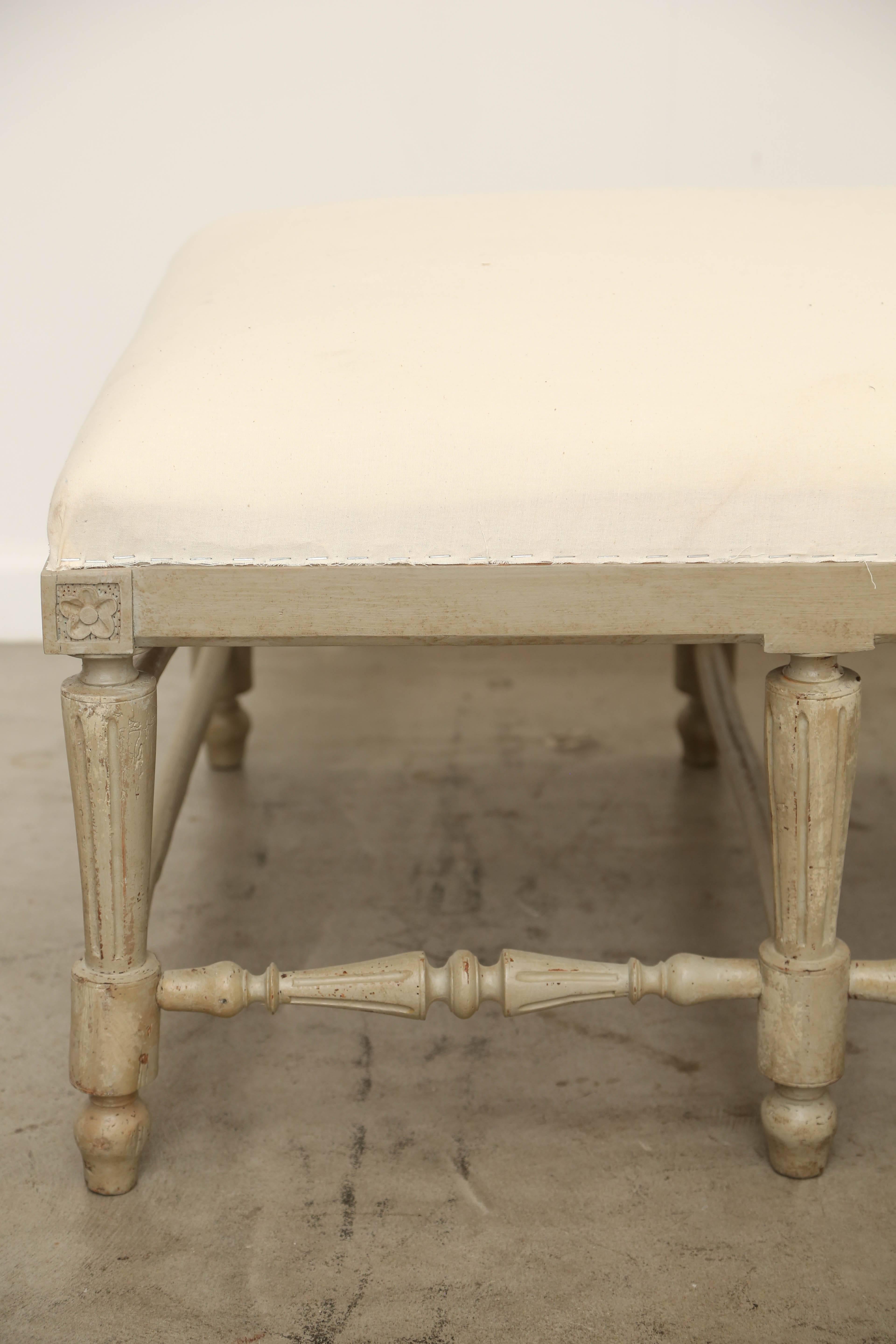 Upholstery Antique Swedish Gustavian Large Painted Bench, Mid-19th Century