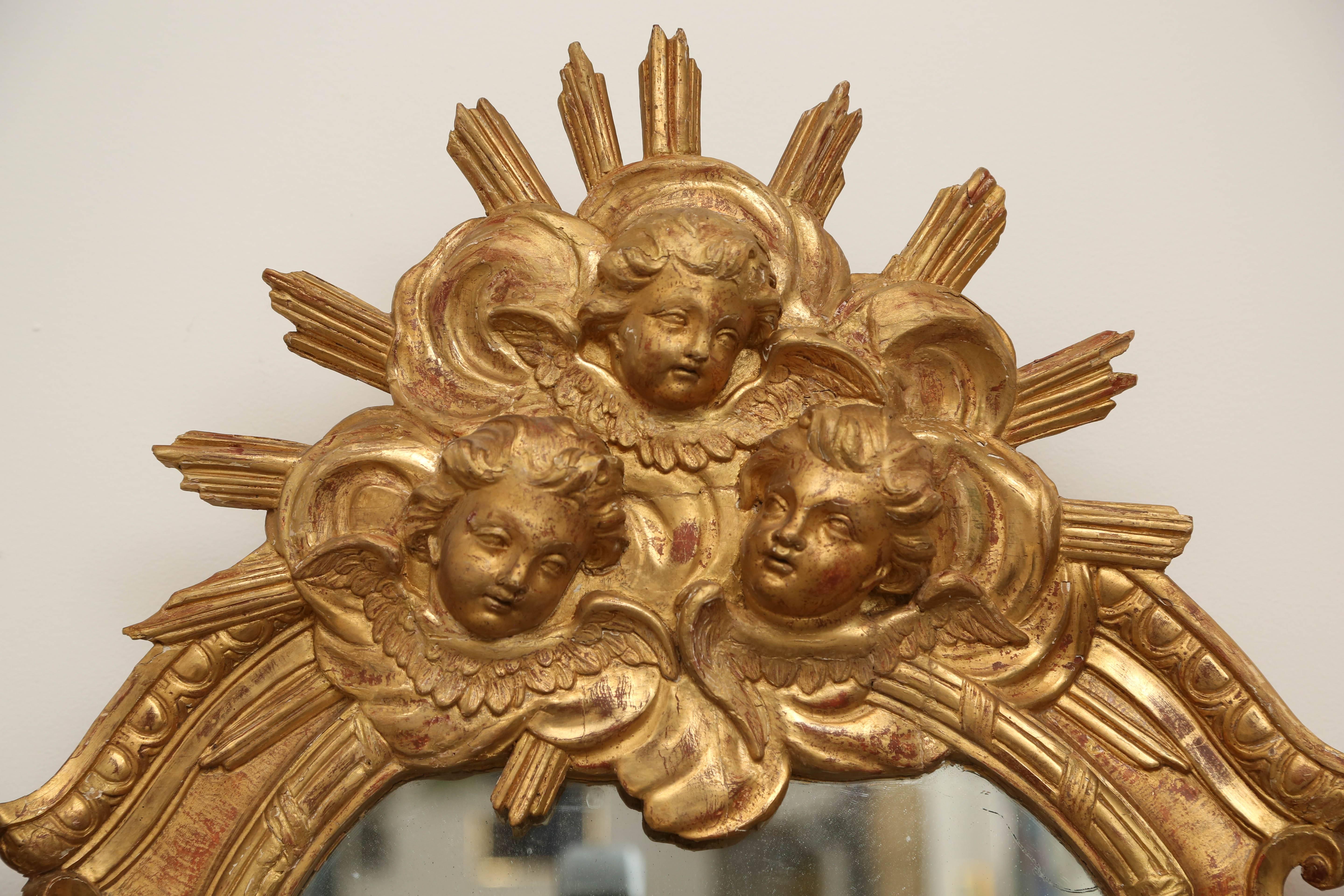 Italian Antique Baroque Gilded Wooden Mirror, 18th Century