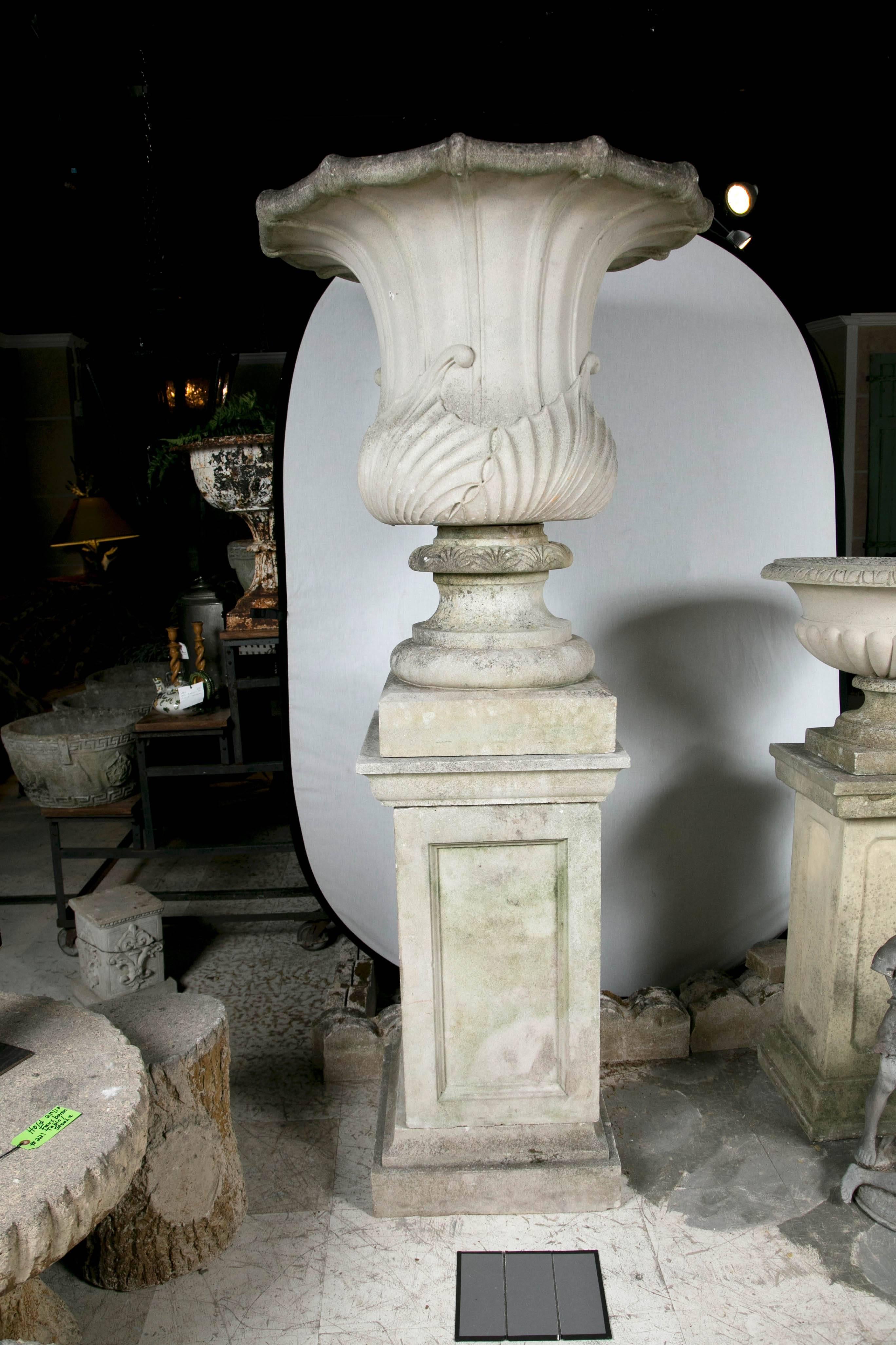 Outstanding English garden urn on classical base. (Urn and base equal 2 pcs.)