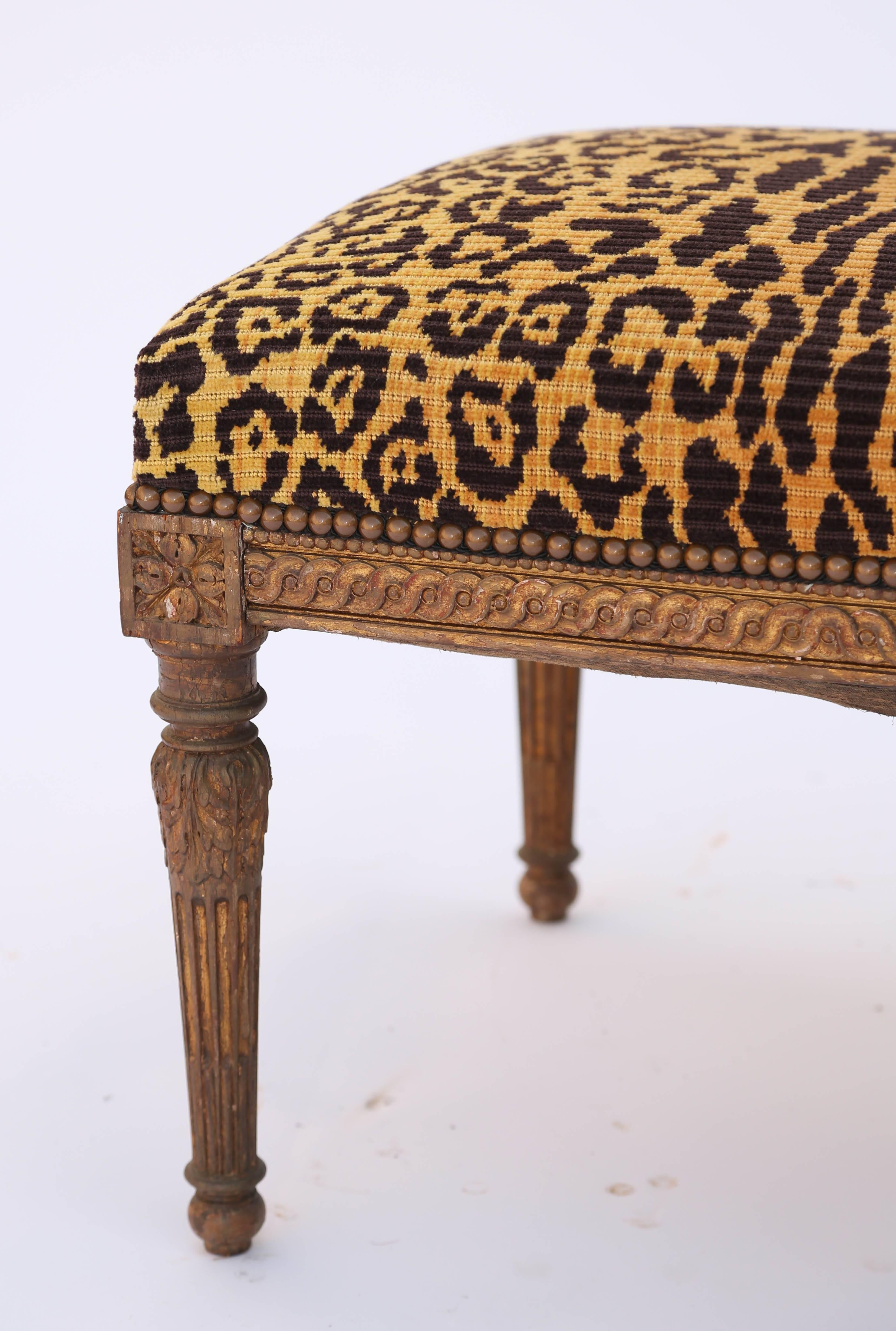Hand-Carved Louis XVI Giltwood Bench with Leopard Seat