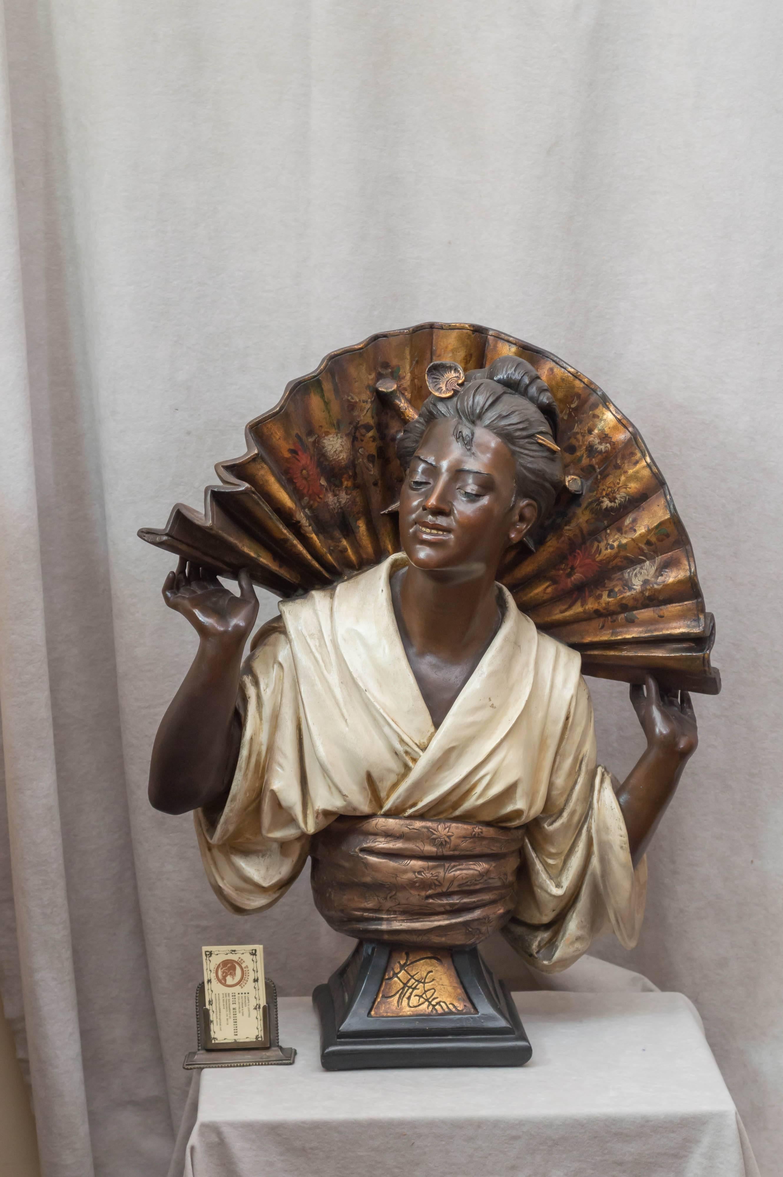 Truly a spectacular and huge terra cotta figure of a beautiful woman. Luscious paint and a lifelike pose make this a treat for the eyes. This is one of the largest pieces of terracotta we have ever offered. Austrian, and artist signed