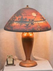 Reverse Painted Table Lamp, Moe Bridges Co. Geese Flying in the Moonlight