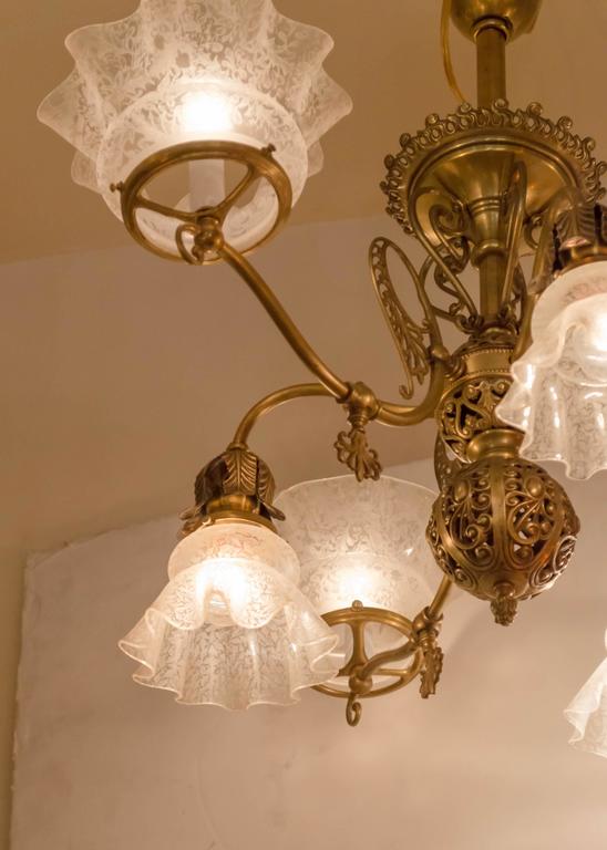 Late Victorian Six Arm Gas And Electric Combination Chandelier At Brass Late Victorian Six Arm Gas And Electric Combination Chandelier For