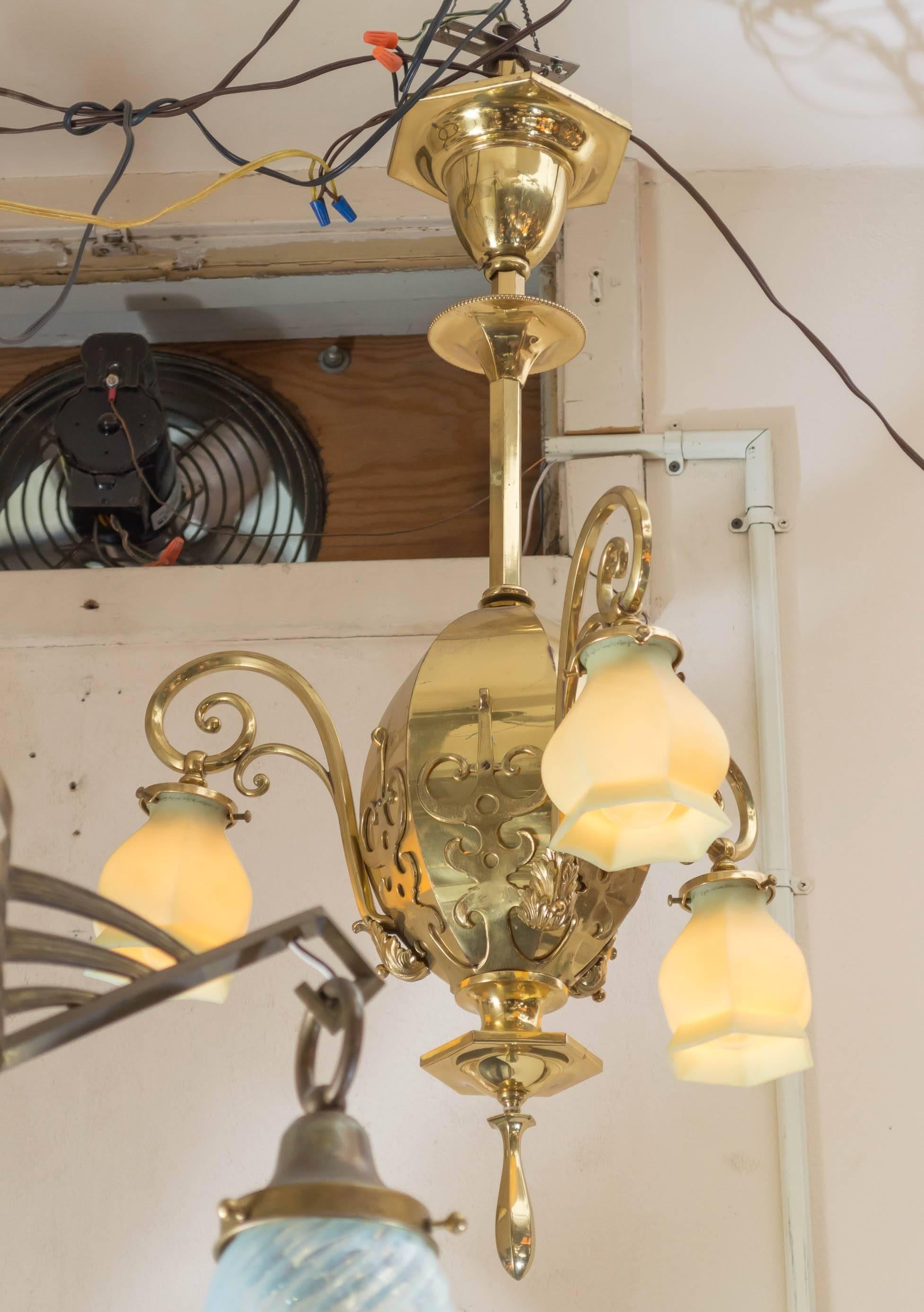 American Late Victorian Three-Arm Chandelier with Original Vaseline Glass Shades