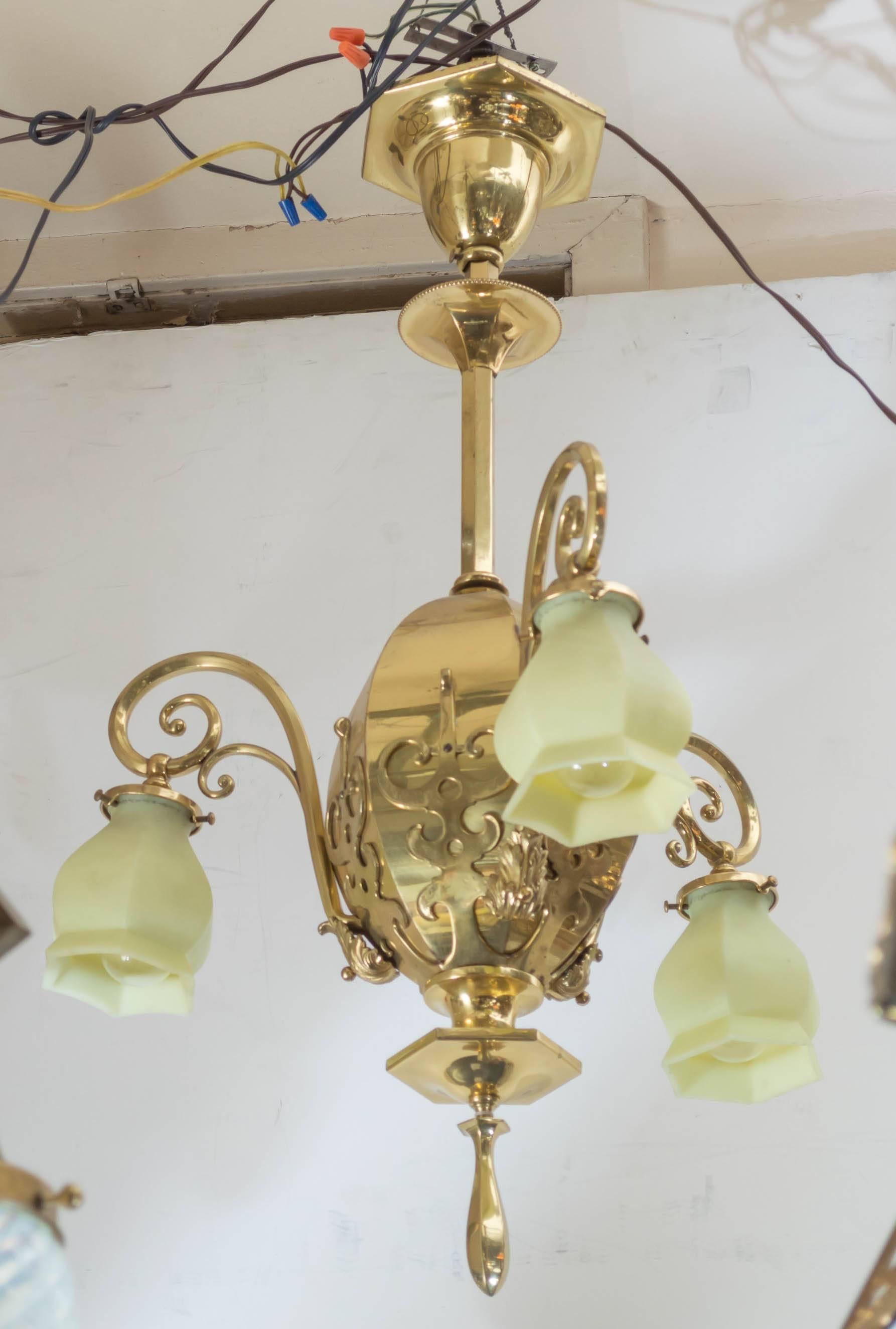Hand-Crafted Late Victorian Three-Arm Chandelier with Original Vaseline Glass Shades