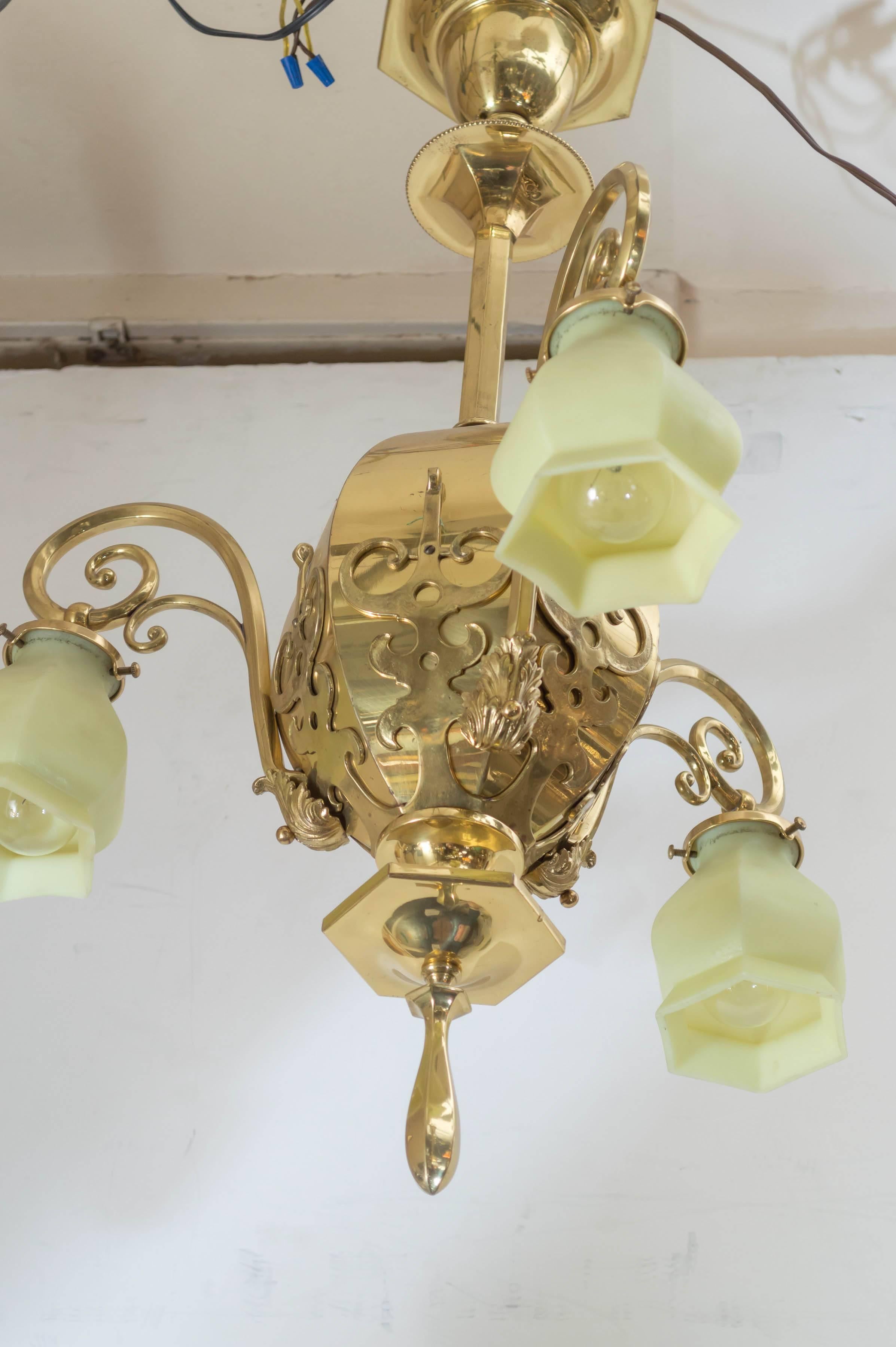 Late Victorian Three-Arm Chandelier with Original Vaseline Glass Shades In Excellent Condition In Petaluma, CA