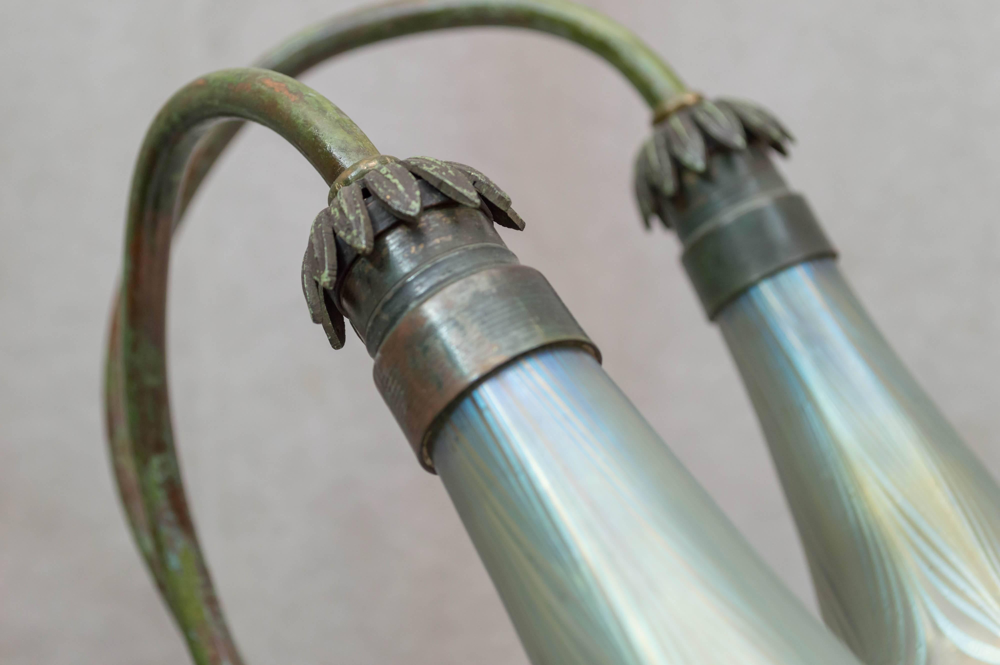 Art Nouveau Two-Arm Bronze Lily Lamp with Pulled Feather Shades, Possibly Loetz Co