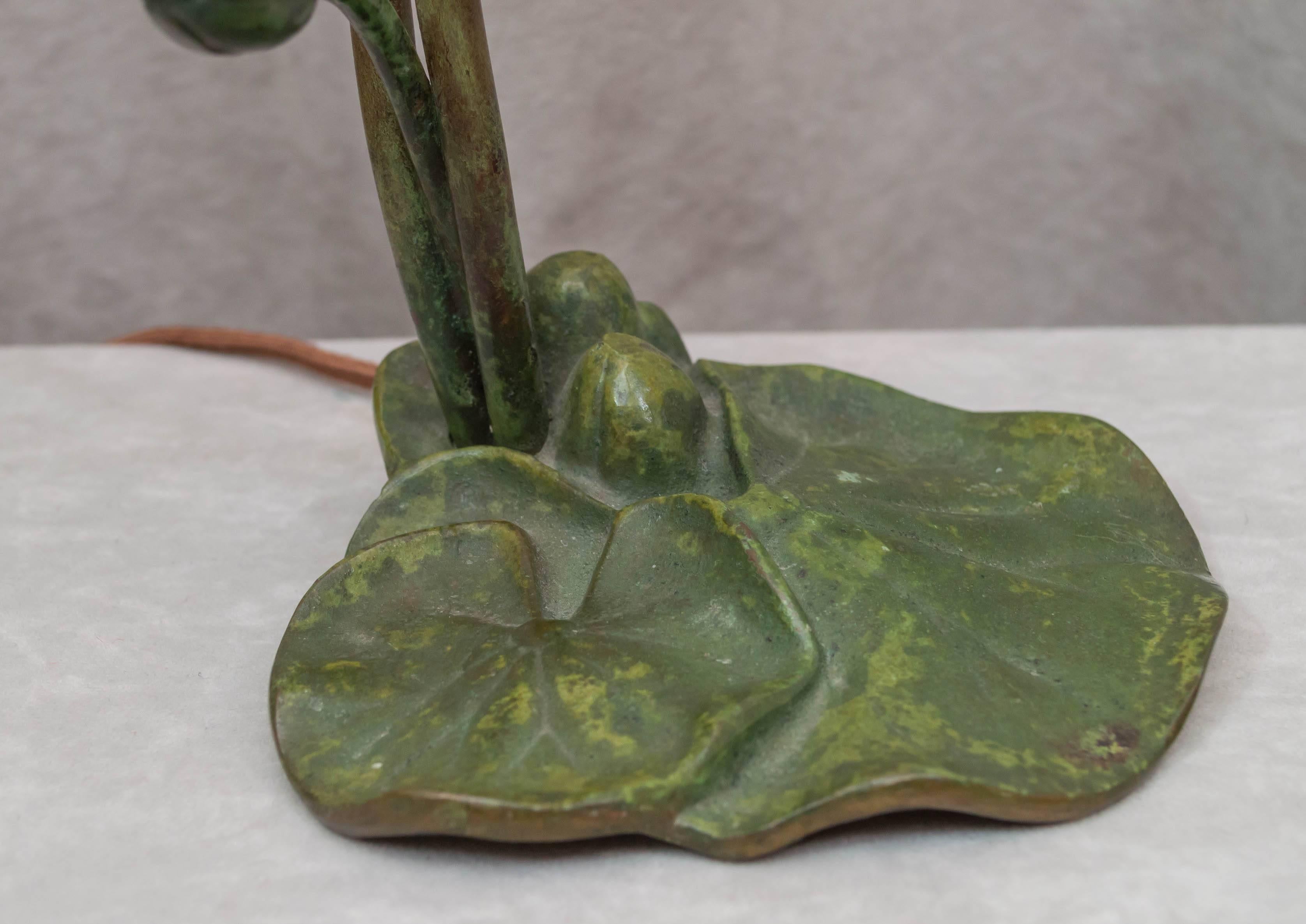 Austrian Two-Arm Bronze Lily Lamp with Pulled Feather Shades, Possibly Loetz Co