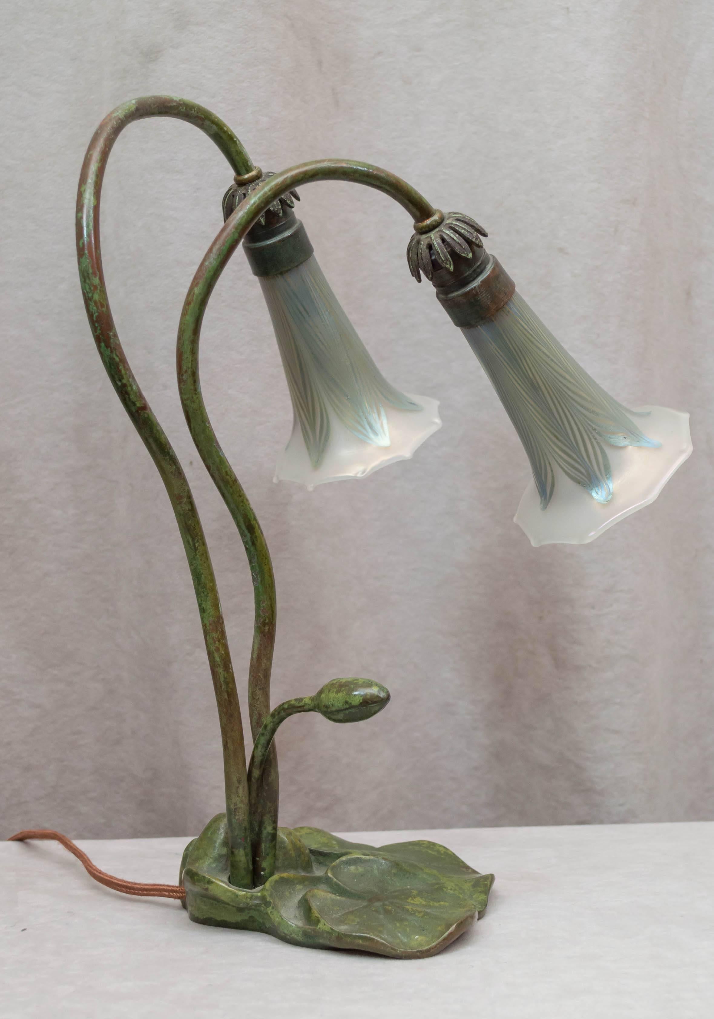 Hand-Crafted Two-Arm Bronze Lily Lamp with Pulled Feather Shades, Possibly Loetz Co