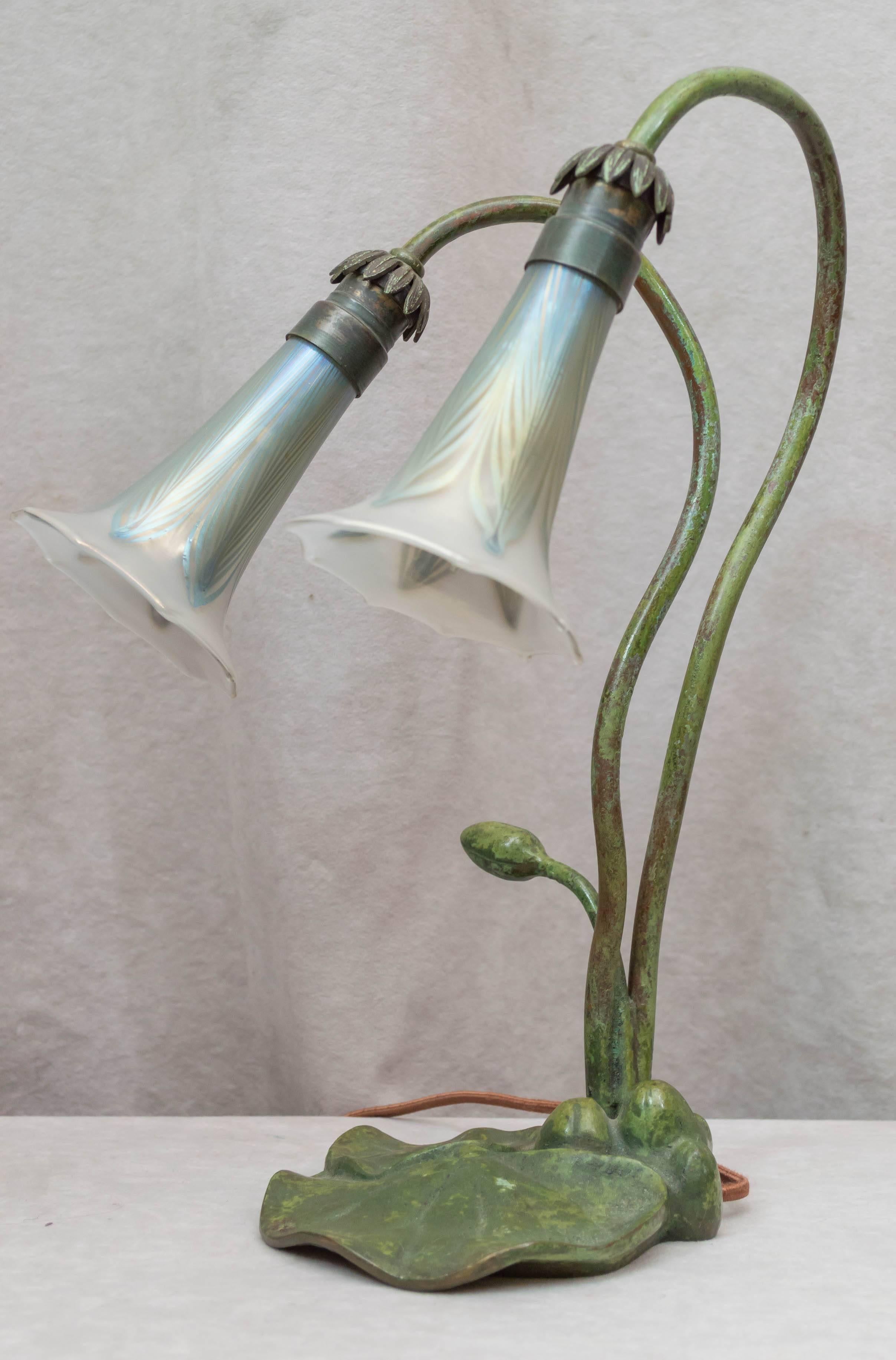 20th Century Two-Arm Bronze Lily Lamp with Pulled Feather Shades, Possibly Loetz Co