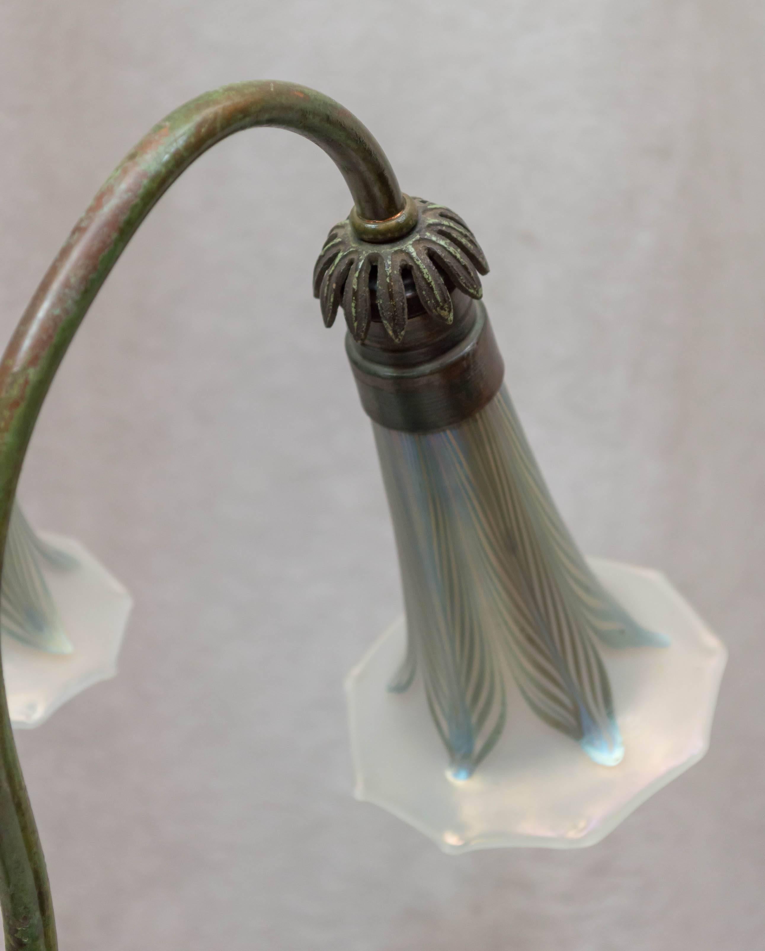 Two-Arm Bronze Lily Lamp with Pulled Feather Shades, Possibly Loetz Co 1