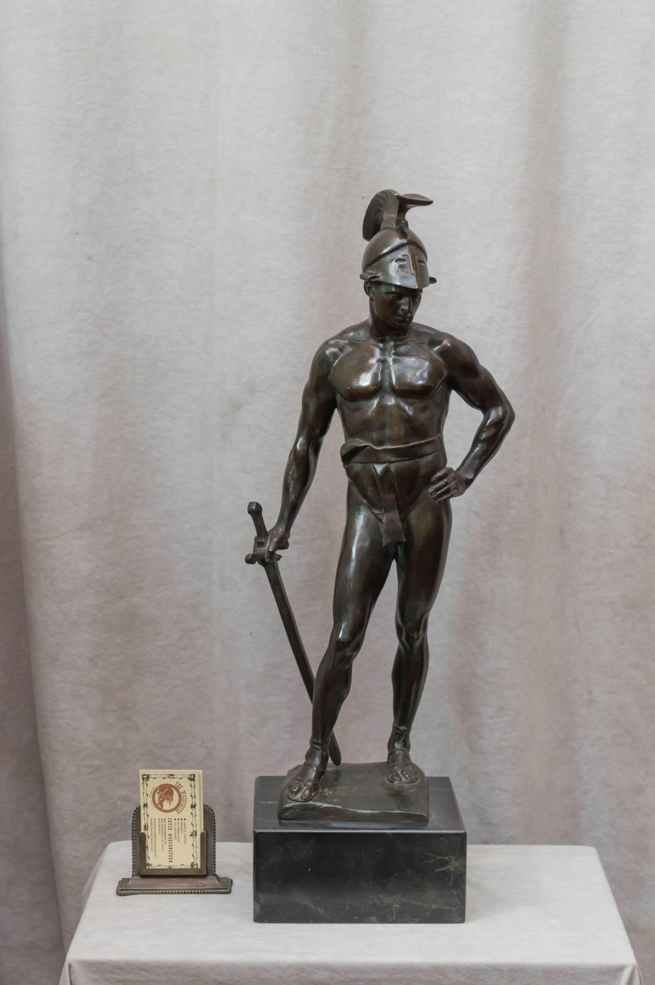 Austrian male bronze of a warrior artist signed "Seifert" a very handsome masculine bronze figure of a scantily clad warrior. Rich dark patina, and mounted on the original marble base.
Victor Seifert 1870-1953 produced many fine bronzes