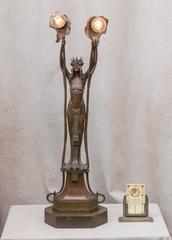 Vienna Secessionist Bronze Lamp, Maiden Holding Up two Flowers