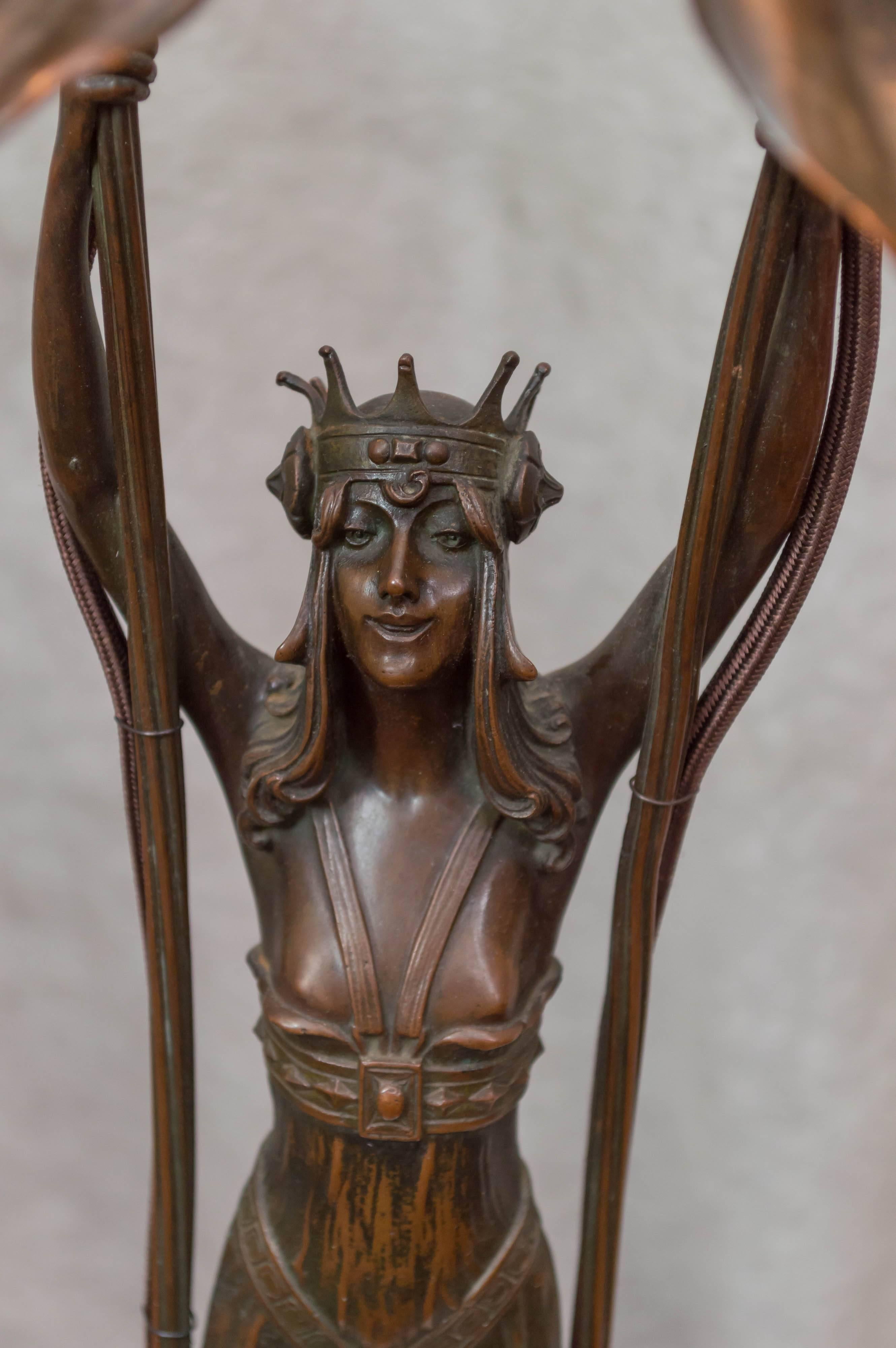 Austrian Vienna Secessionist Bronze Lamp, Maiden Holding Up two Flowers