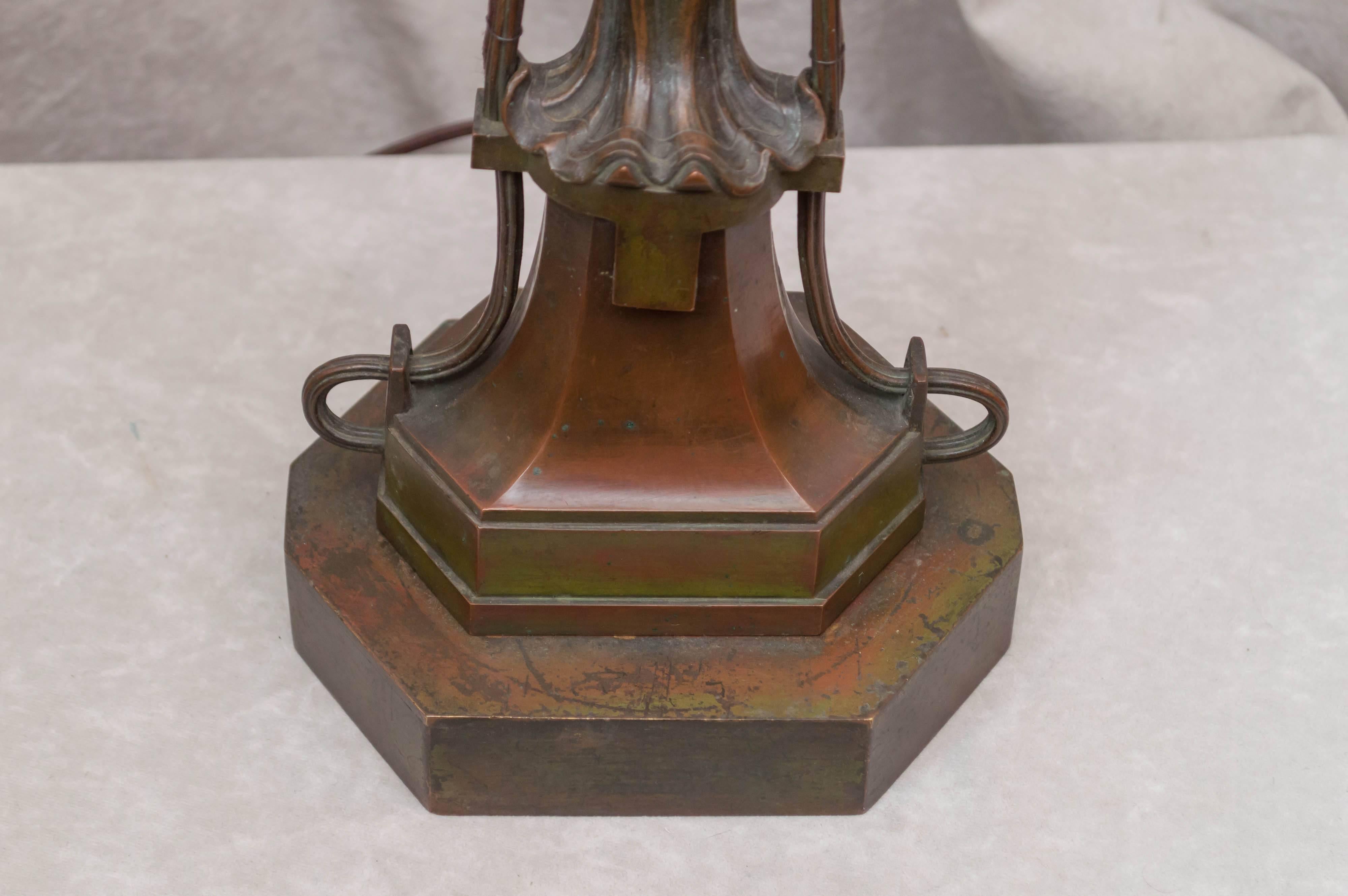 Patinated Vienna Secessionist Bronze Lamp, Maiden Holding Up two Flowers