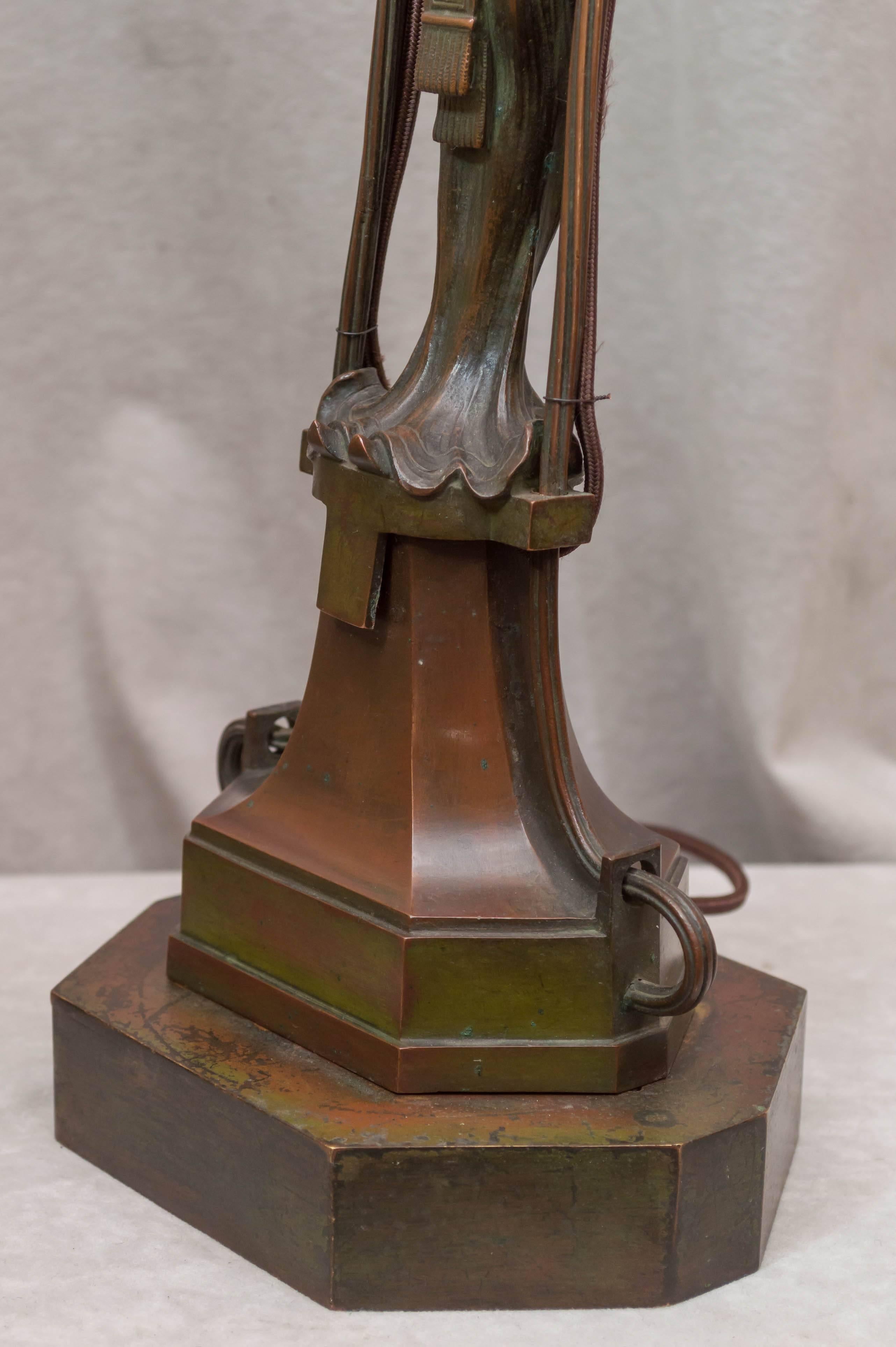 20th Century Vienna Secessionist Bronze Lamp, Maiden Holding Up two Flowers