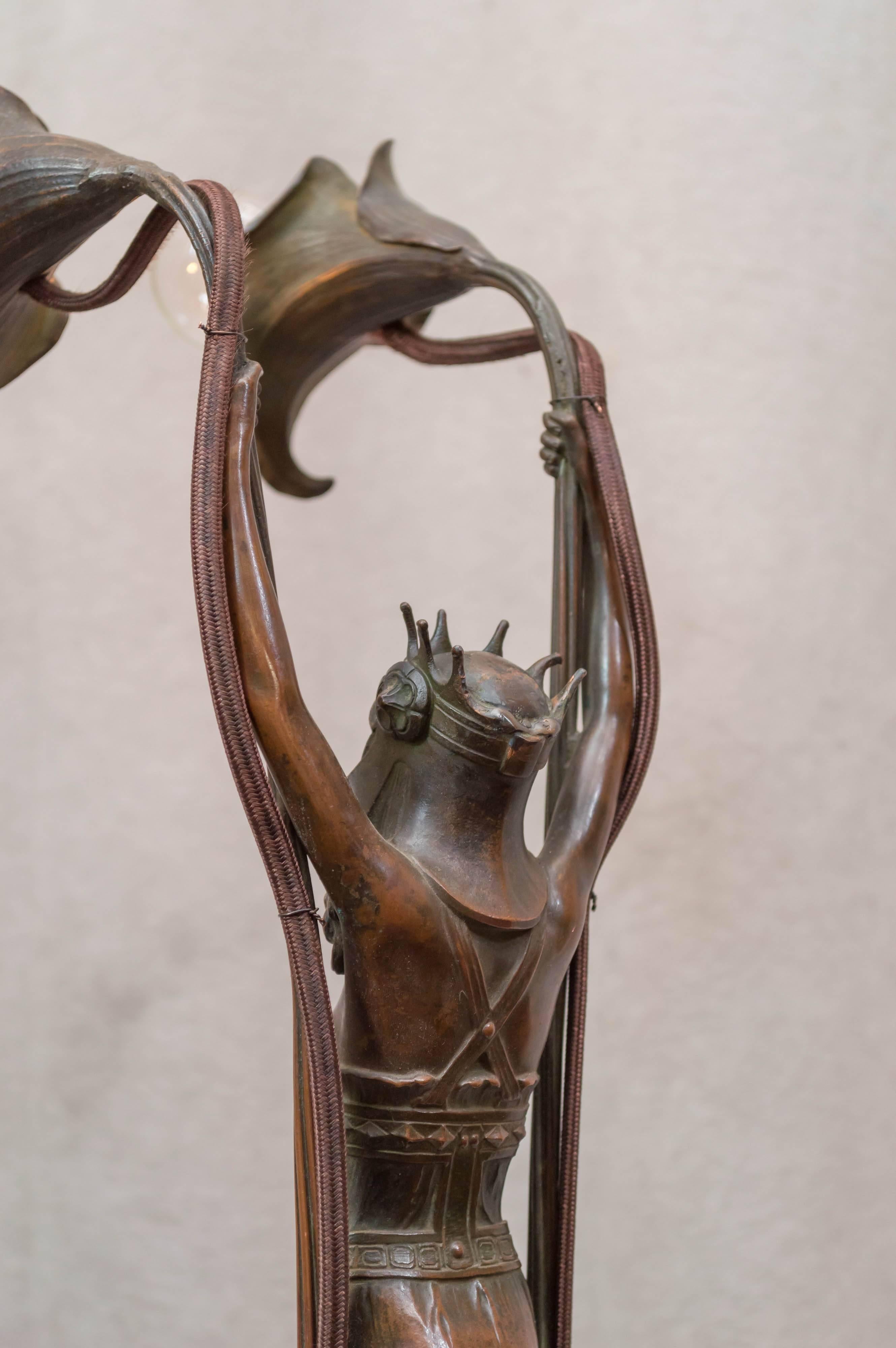 Vienna Secessionist Bronze Lamp, Maiden Holding Up two Flowers 2