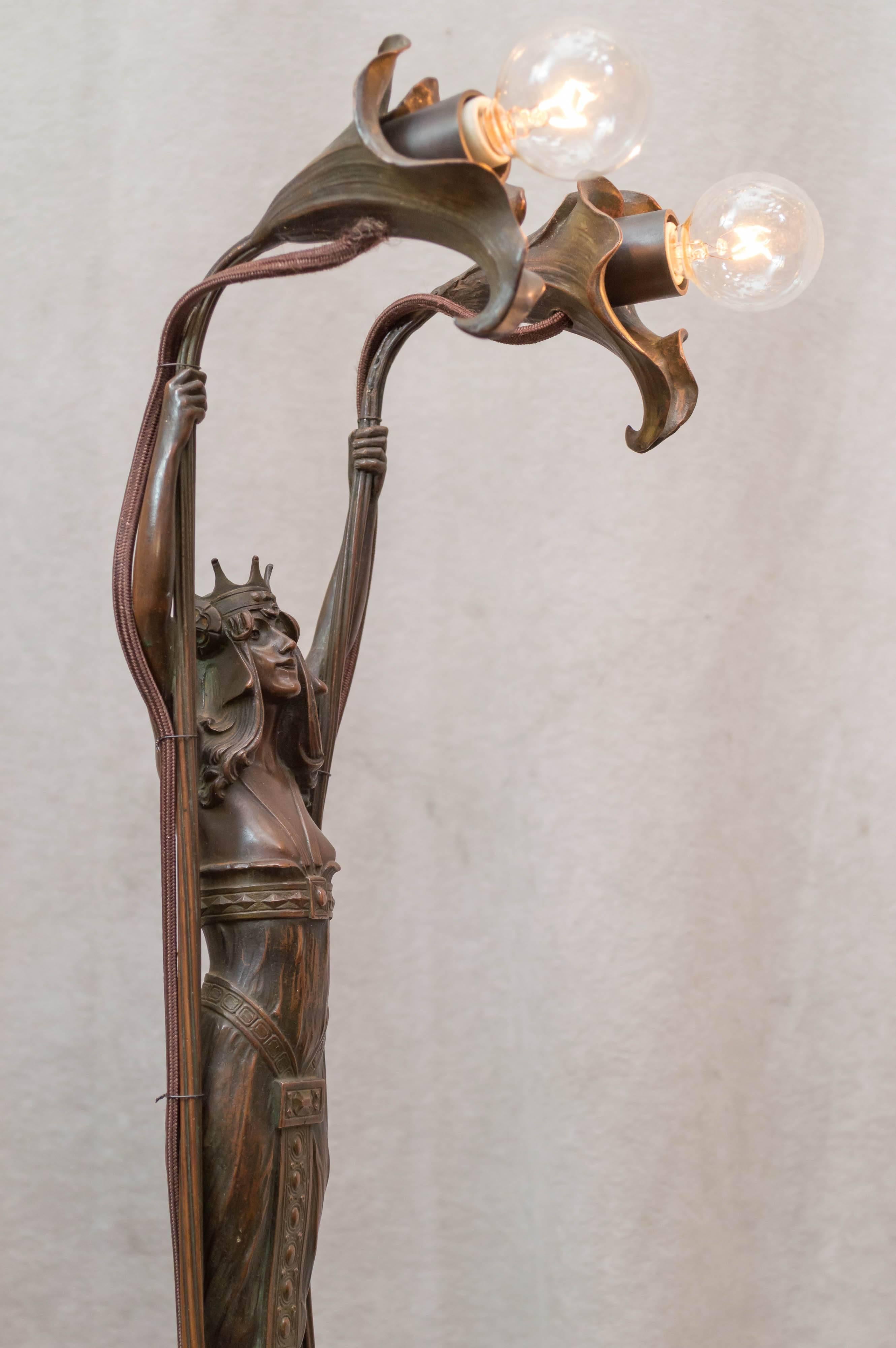 Vienna Secessionist Bronze Lamp, Maiden Holding Up two Flowers 3