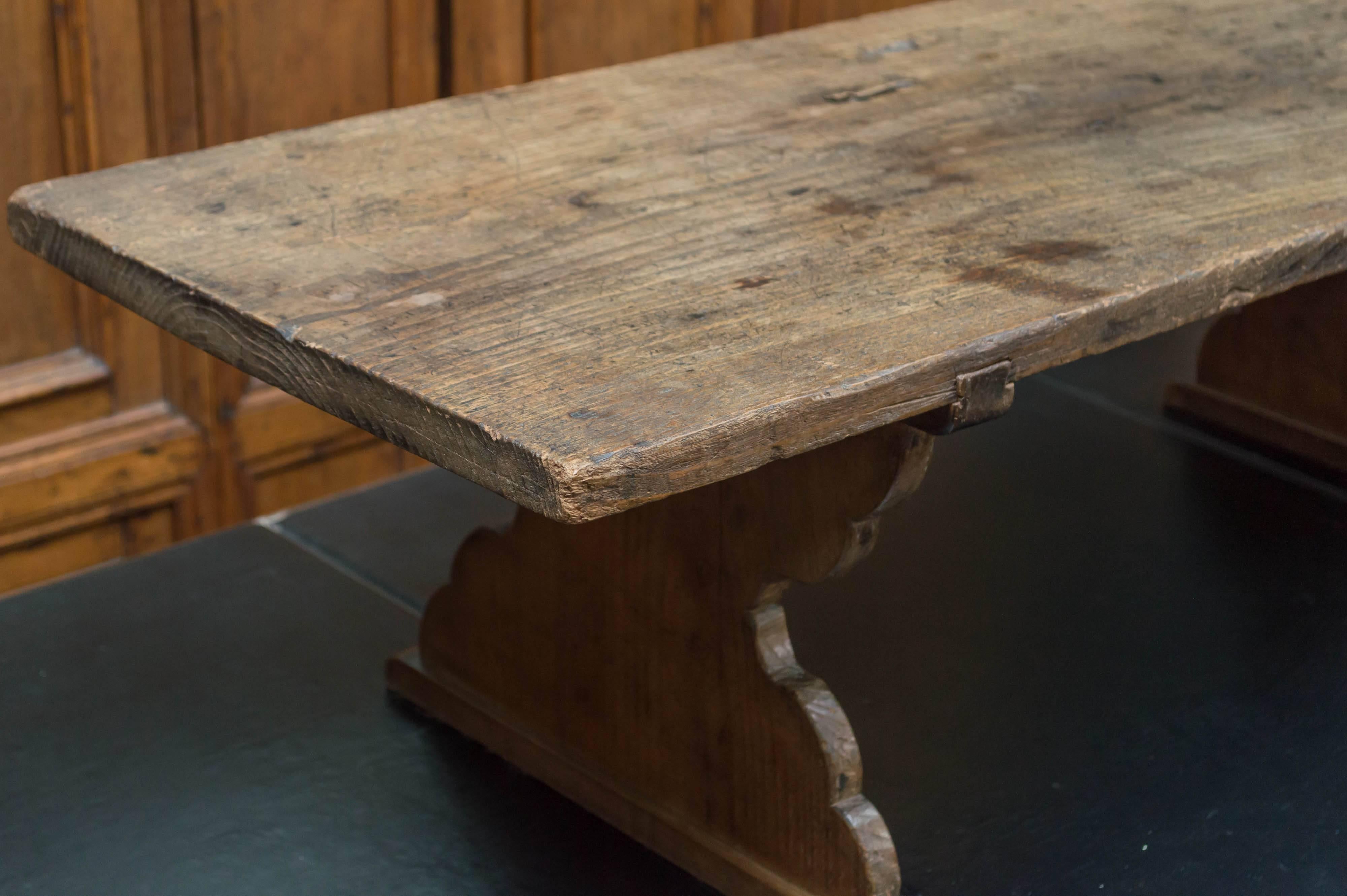 Japanese elm, low writing table. Meiji period, circa 1890
A solid plank top cantilevered over the two shaped slab support sides.
The slab side supports attached to the top with a sliding dovetail connection.
A very simple form and convenient size