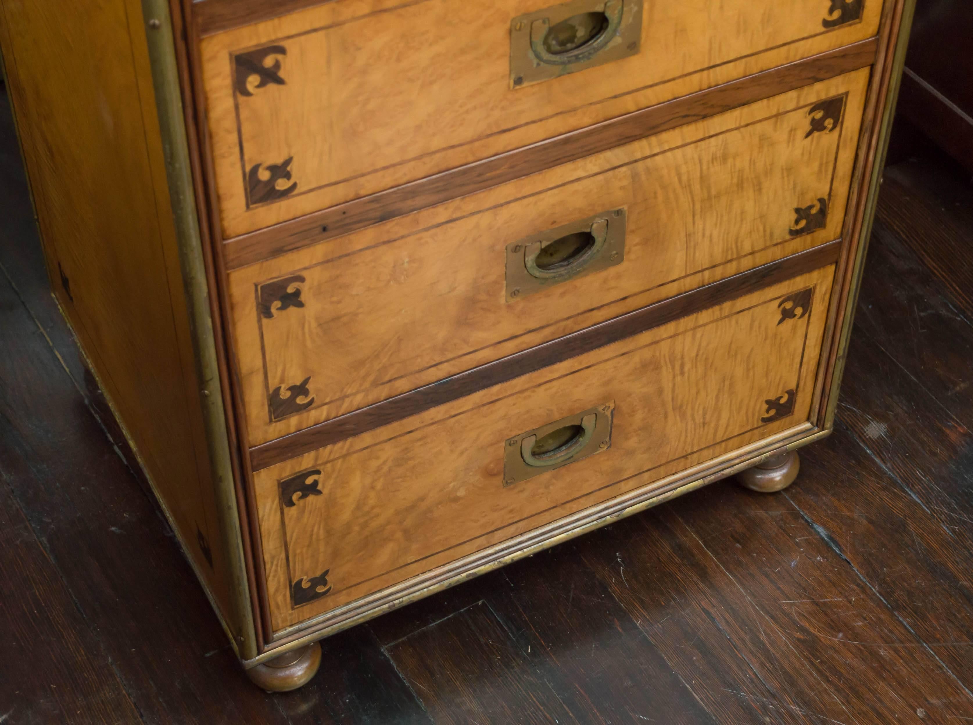 Italian Satin Figured Birchwood Campaign Style Chest of Seven Drawers