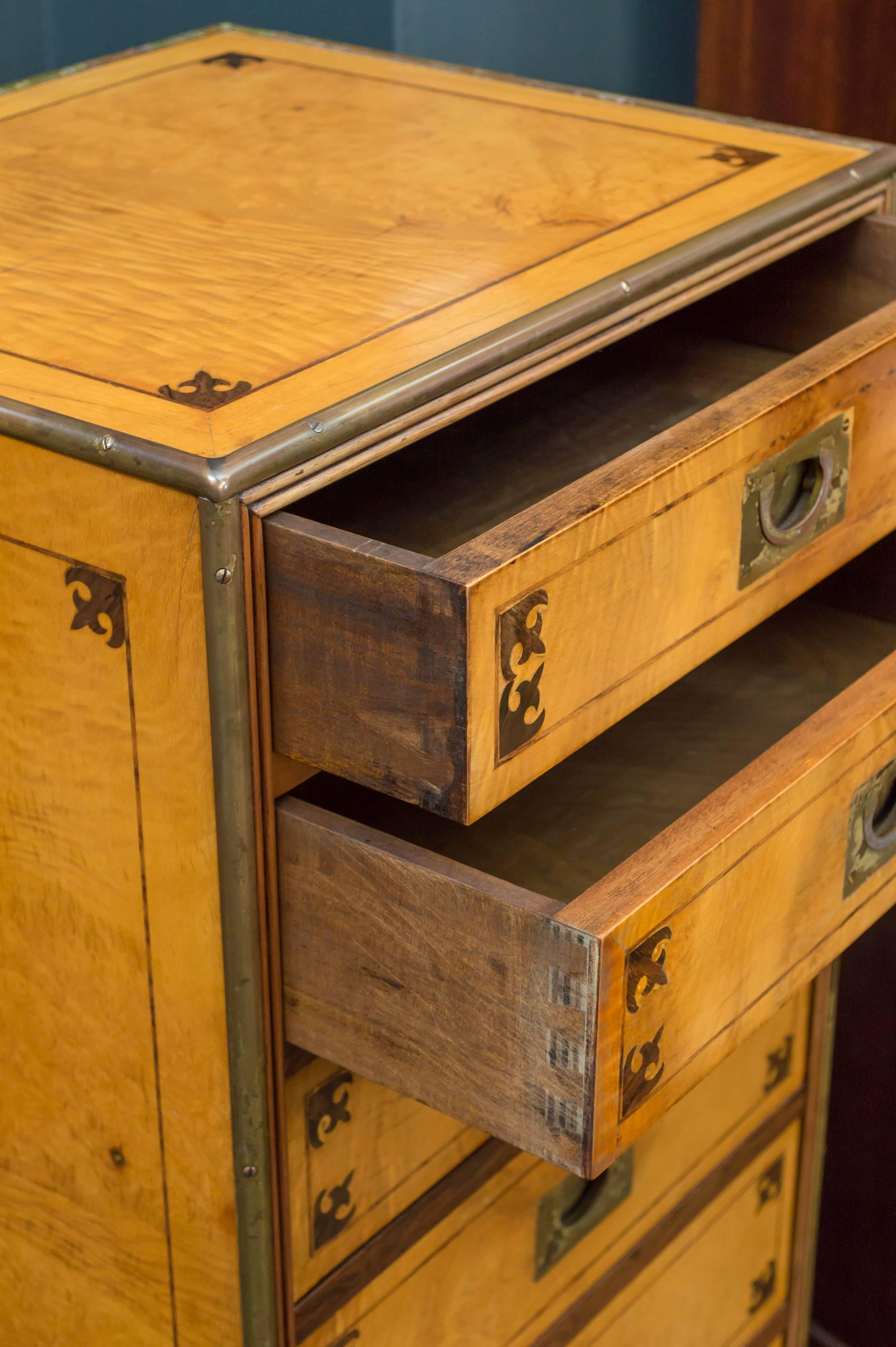 Inlay Satin Figured Birchwood Campaign Style Chest of Seven Drawers